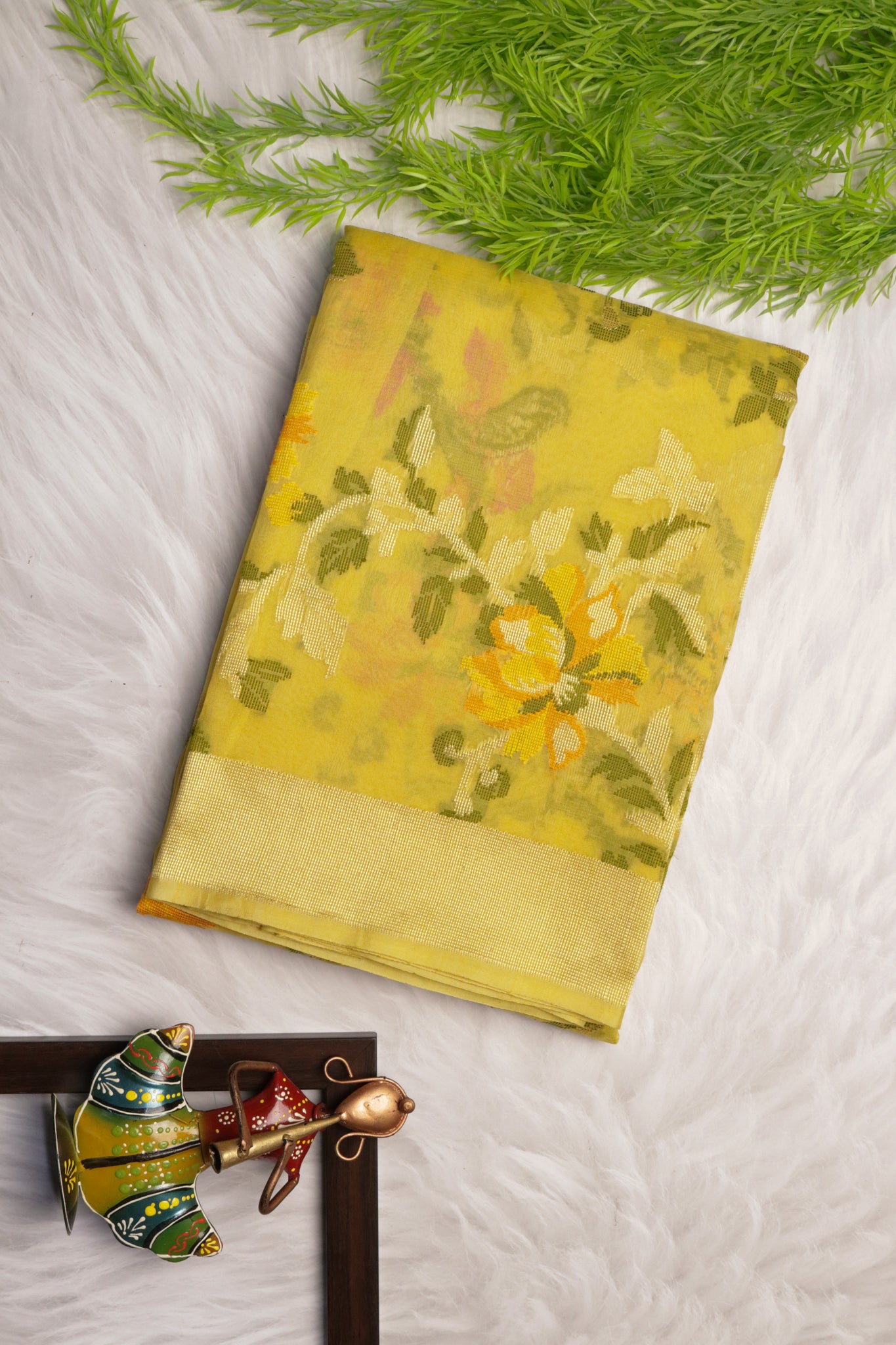 Yellow Banarasi Kora Silk Saree with Zari Multi-Butta