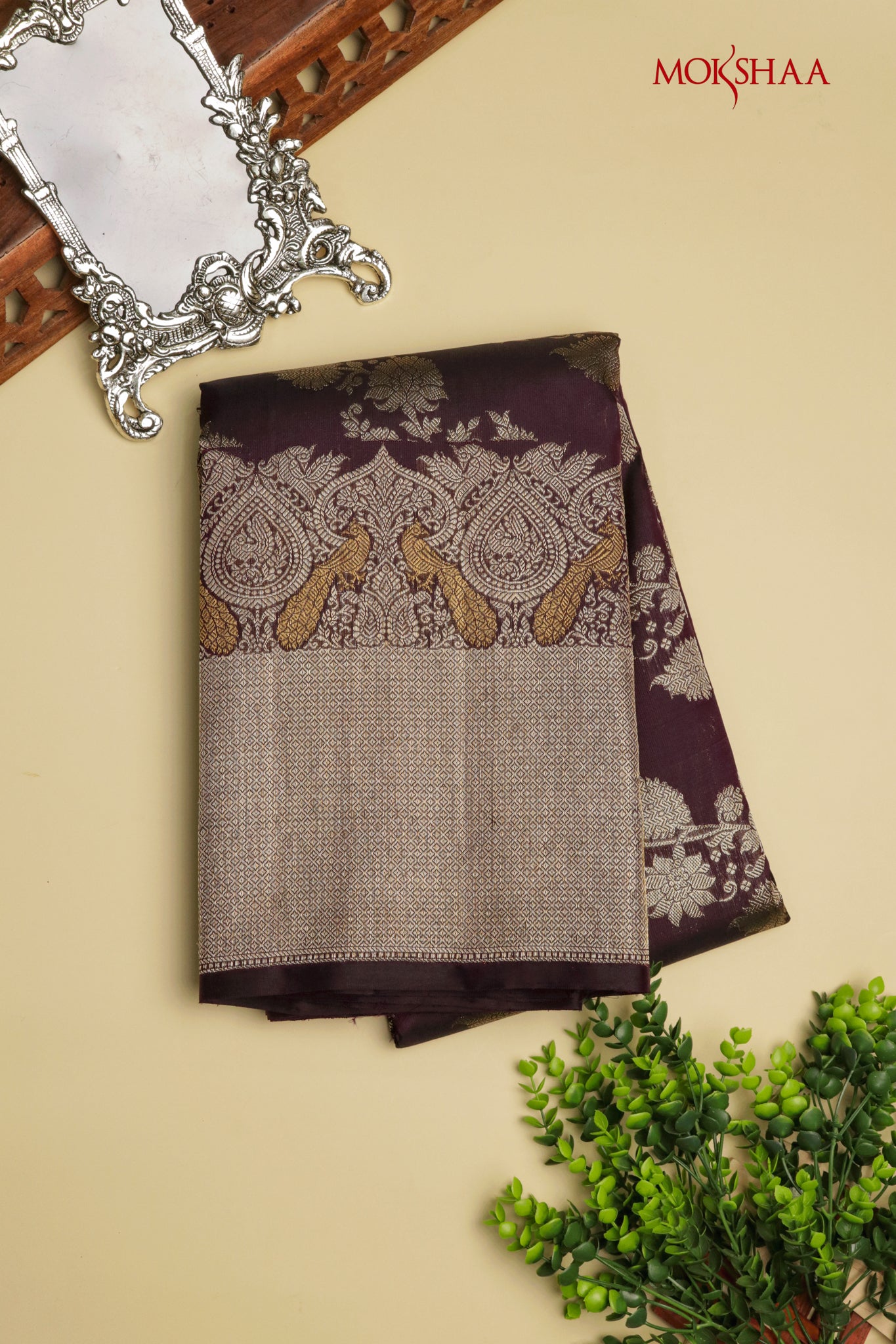 Dark Brown Kanchivaram Silk Saree with Peacock Motif Border