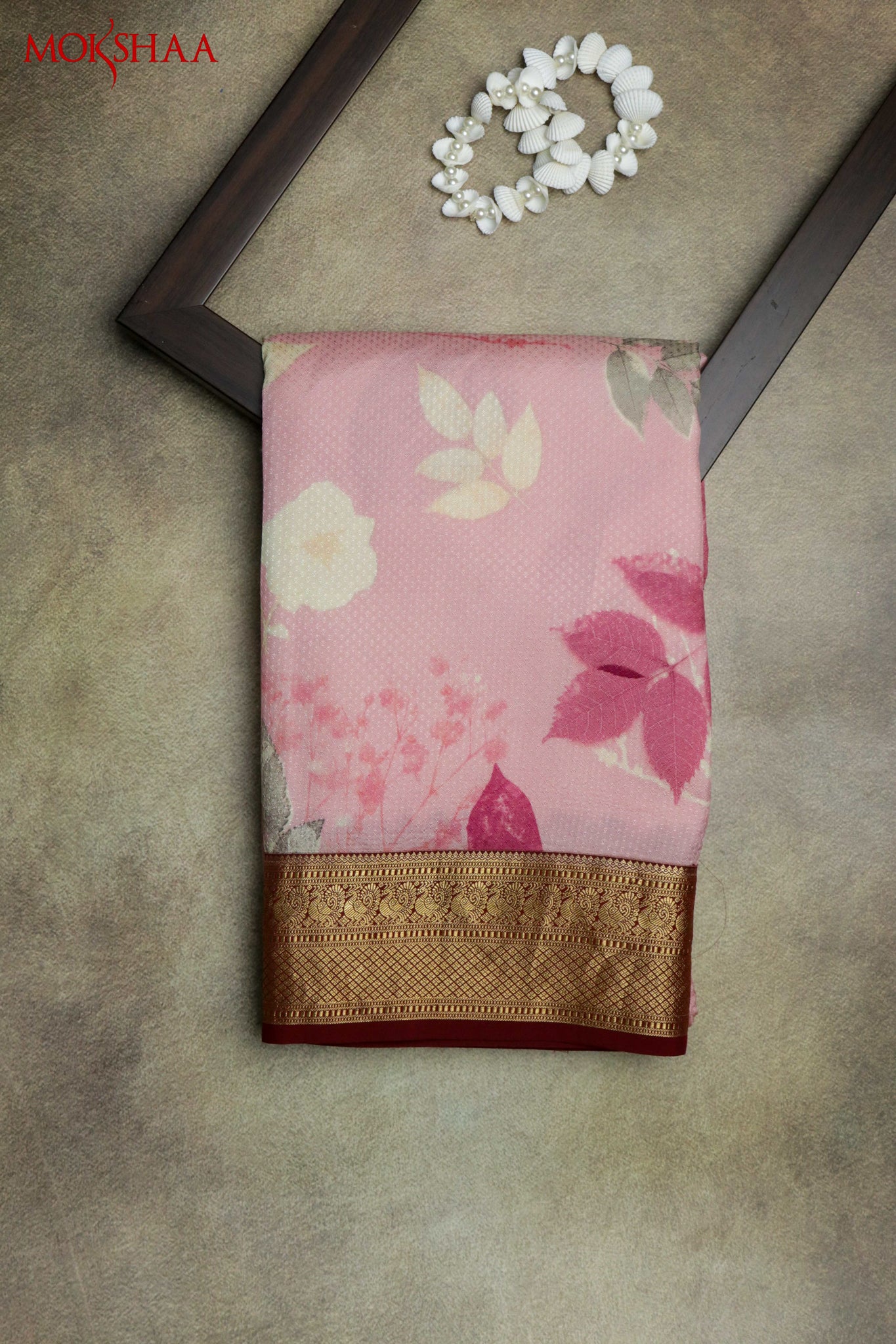 Light Pink Silk Saree with Floral Print & Maroon Zari Border