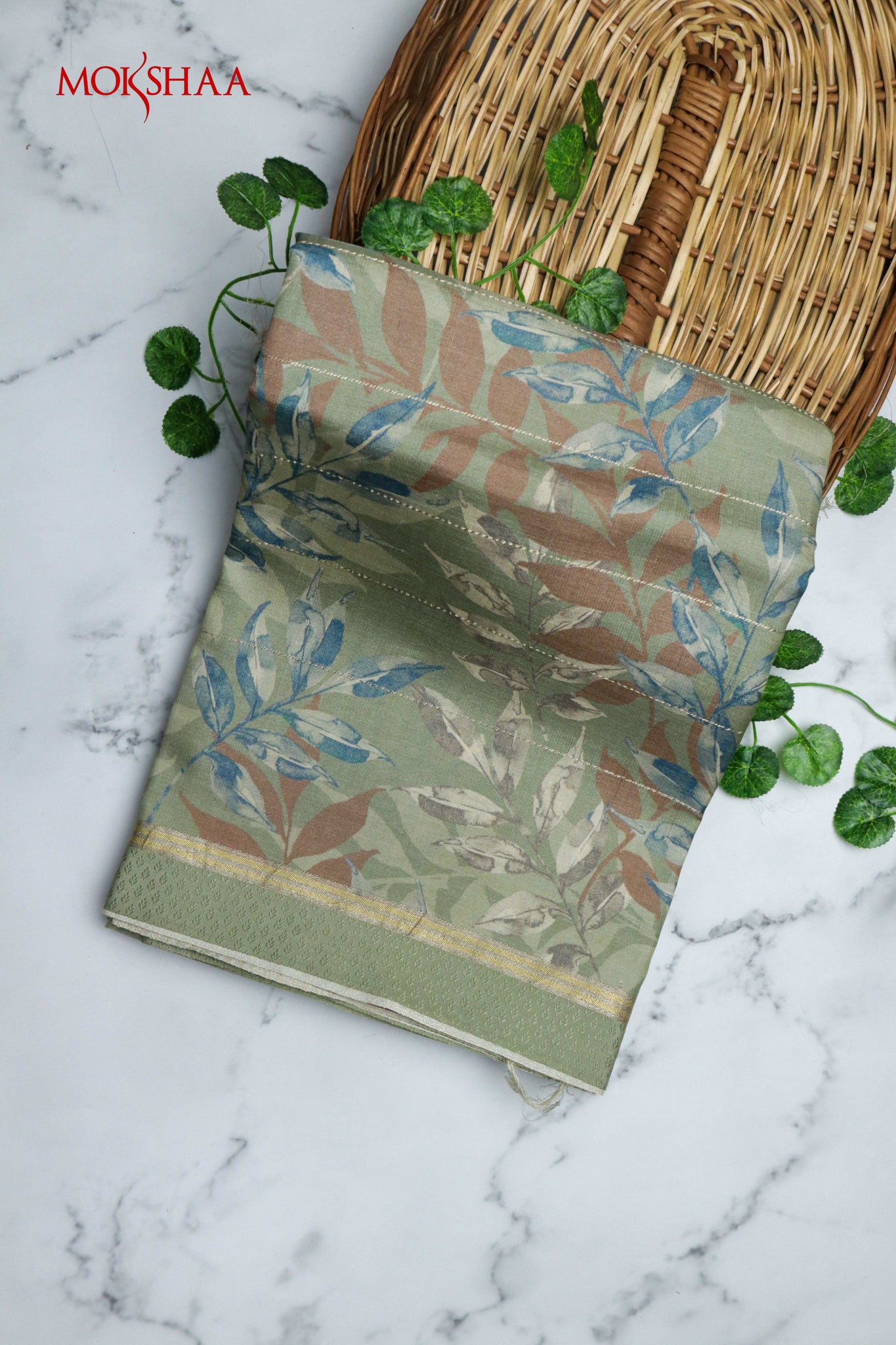 Safari Green Tussar Silk Saree with Golden Stripes