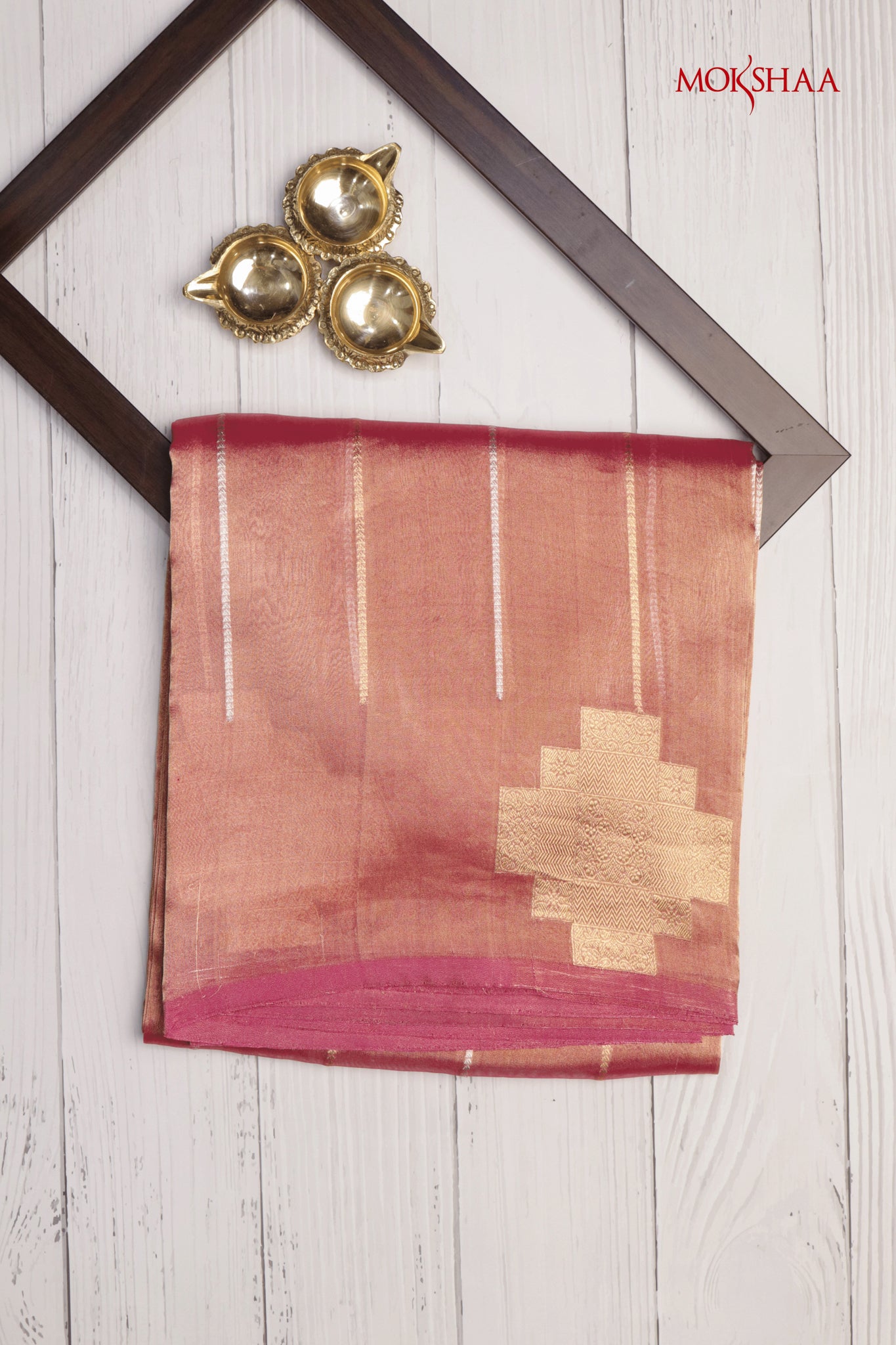 Golden Rani Pink Banarasi Tissue Saree with Gold & Silver Striped Weaving