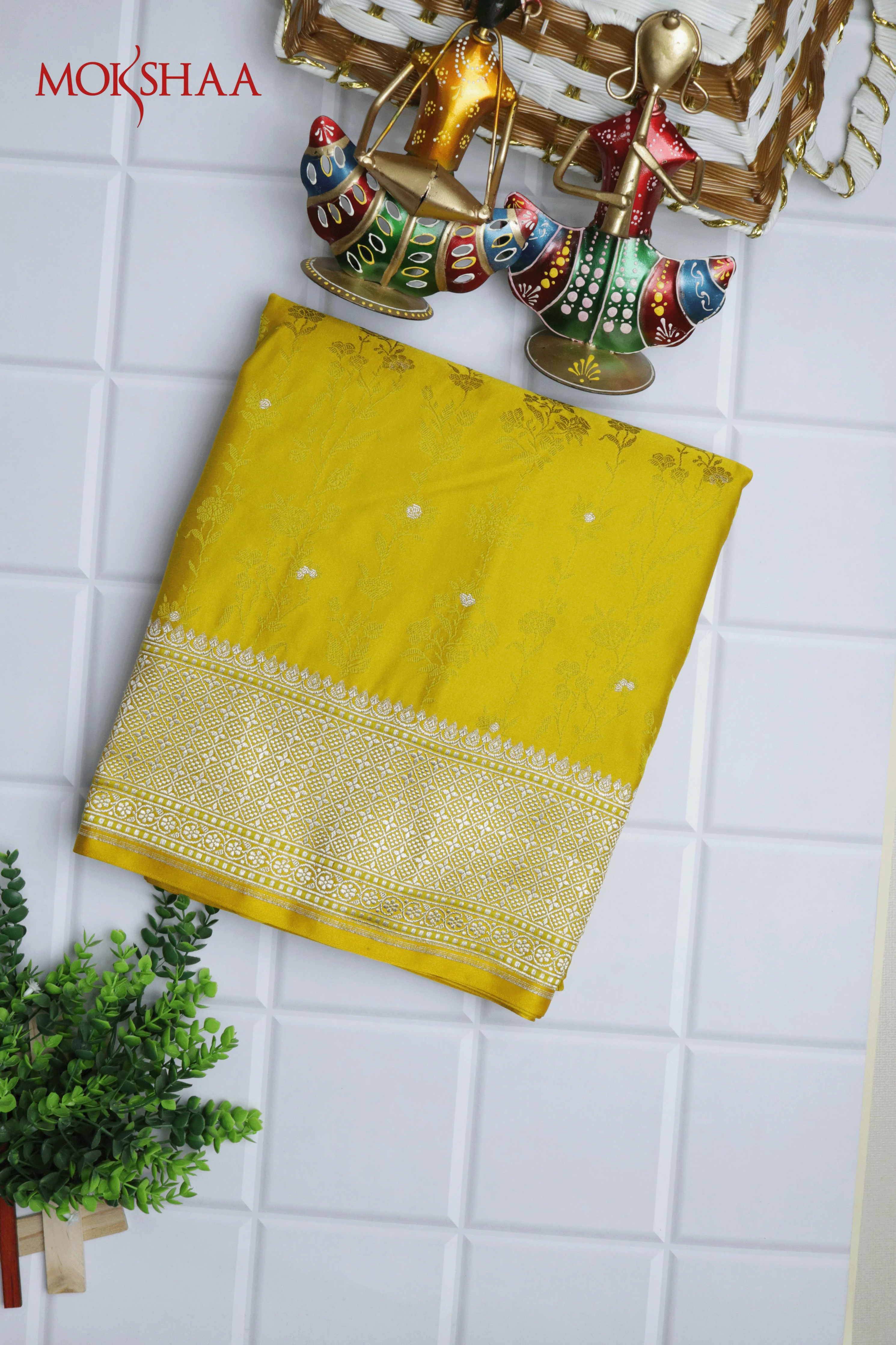 Yellow Banarasi Semi Silk Saree with Thread Weaving, Zari Butti & Woven Border - Mokshaa