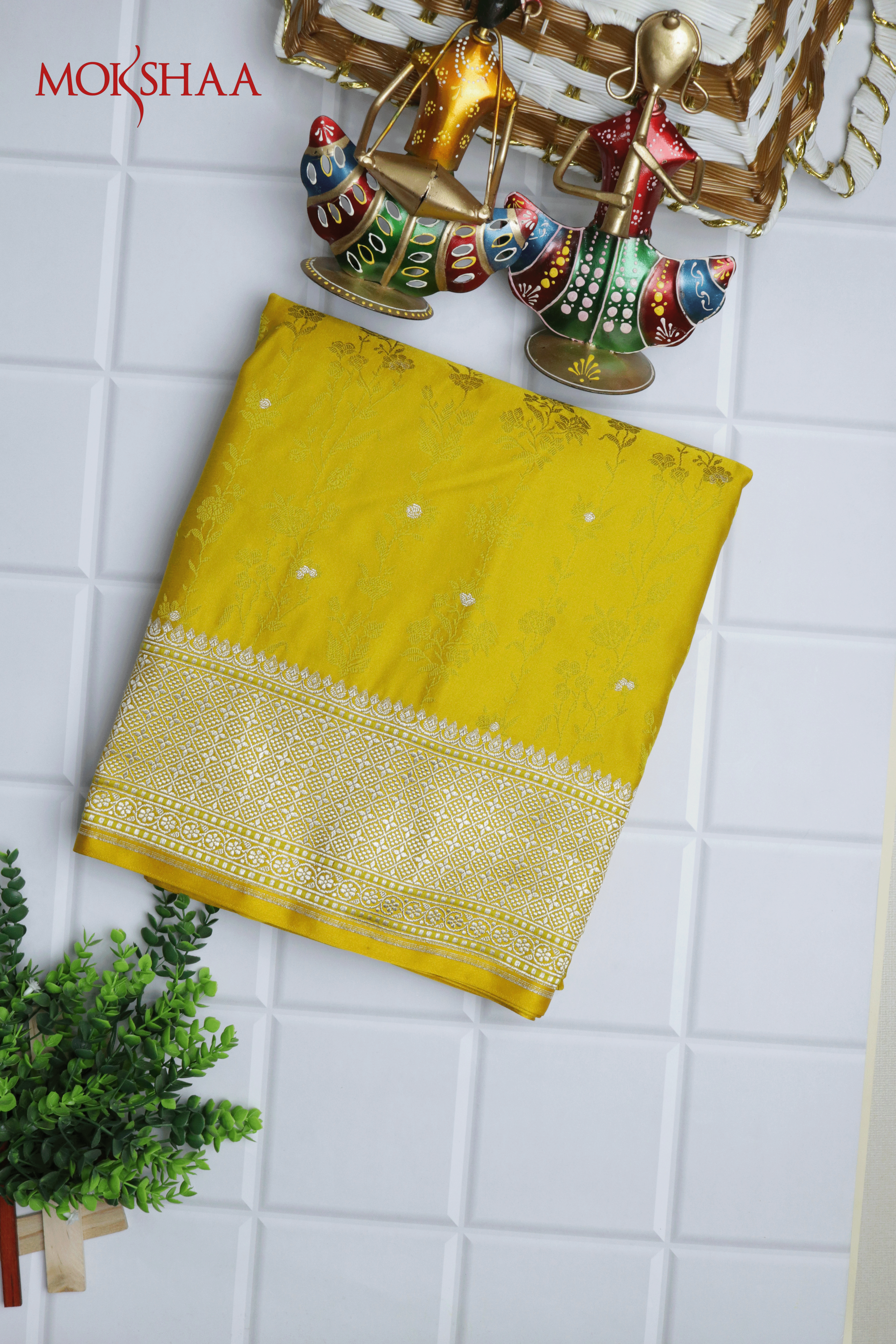 Yellow Banarasi Semi Silk Saree with Thread Weaving, Zari Butti & Woven Border