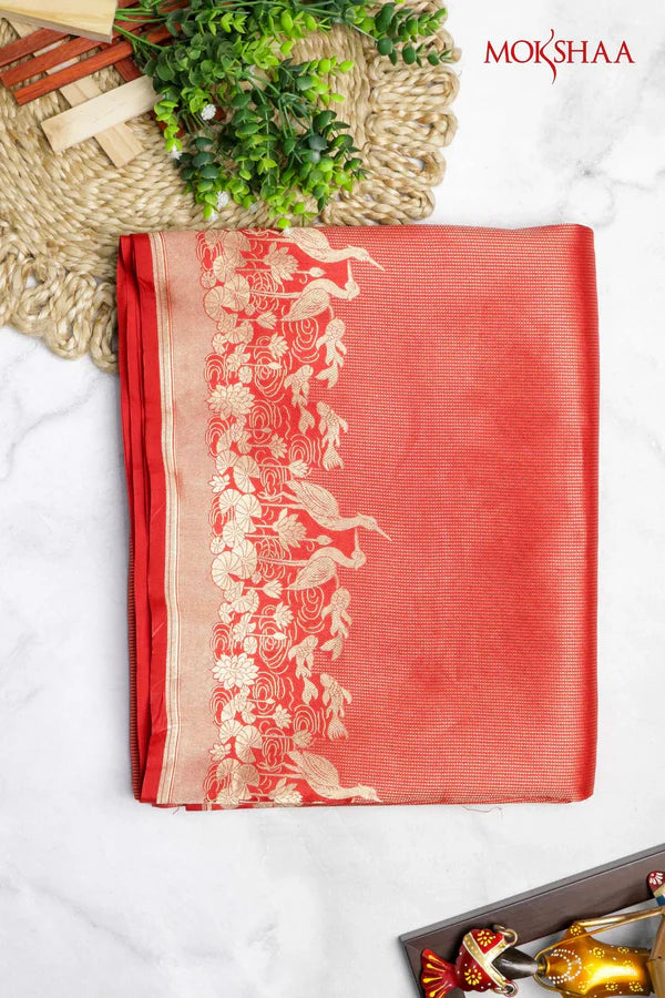 Red Banarasi Silk Saree with Self Zari Weaving & Ornate Fancy Border