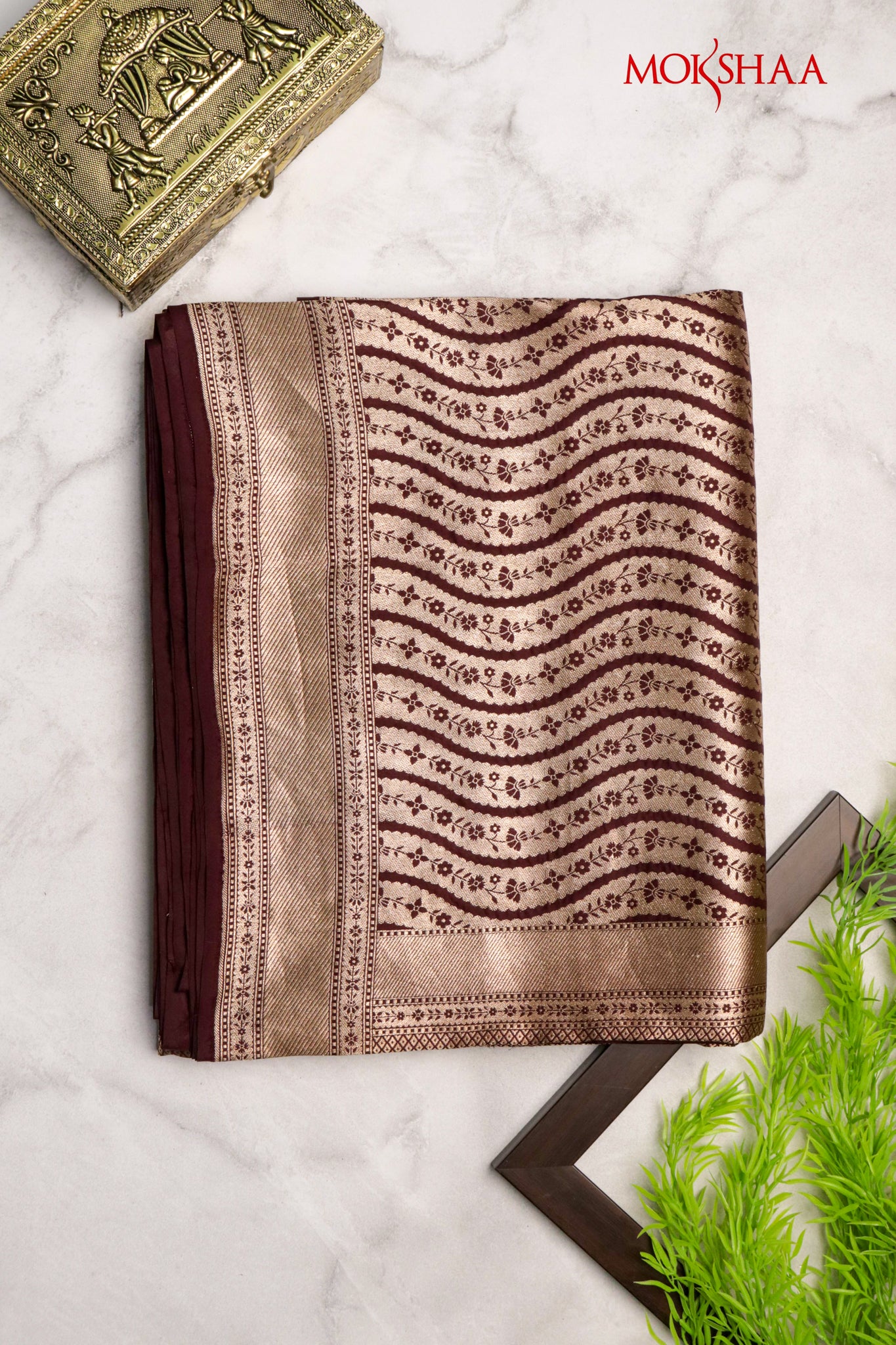 Dark Brown Banarasi Silk Saree with Zari Stripes