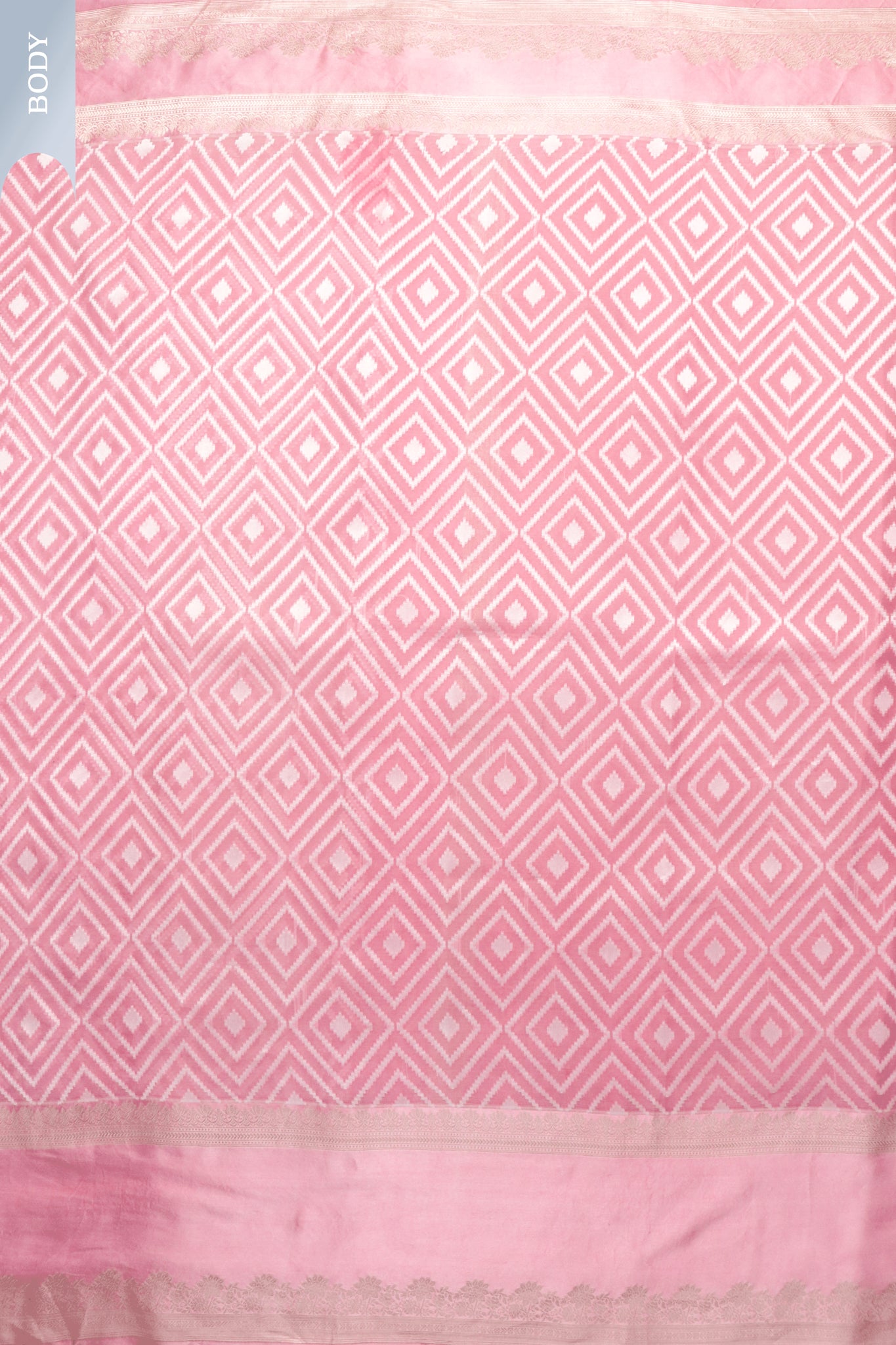 Baby Pink Banarasi Kora Saree with Geometric Weave & Satin Border