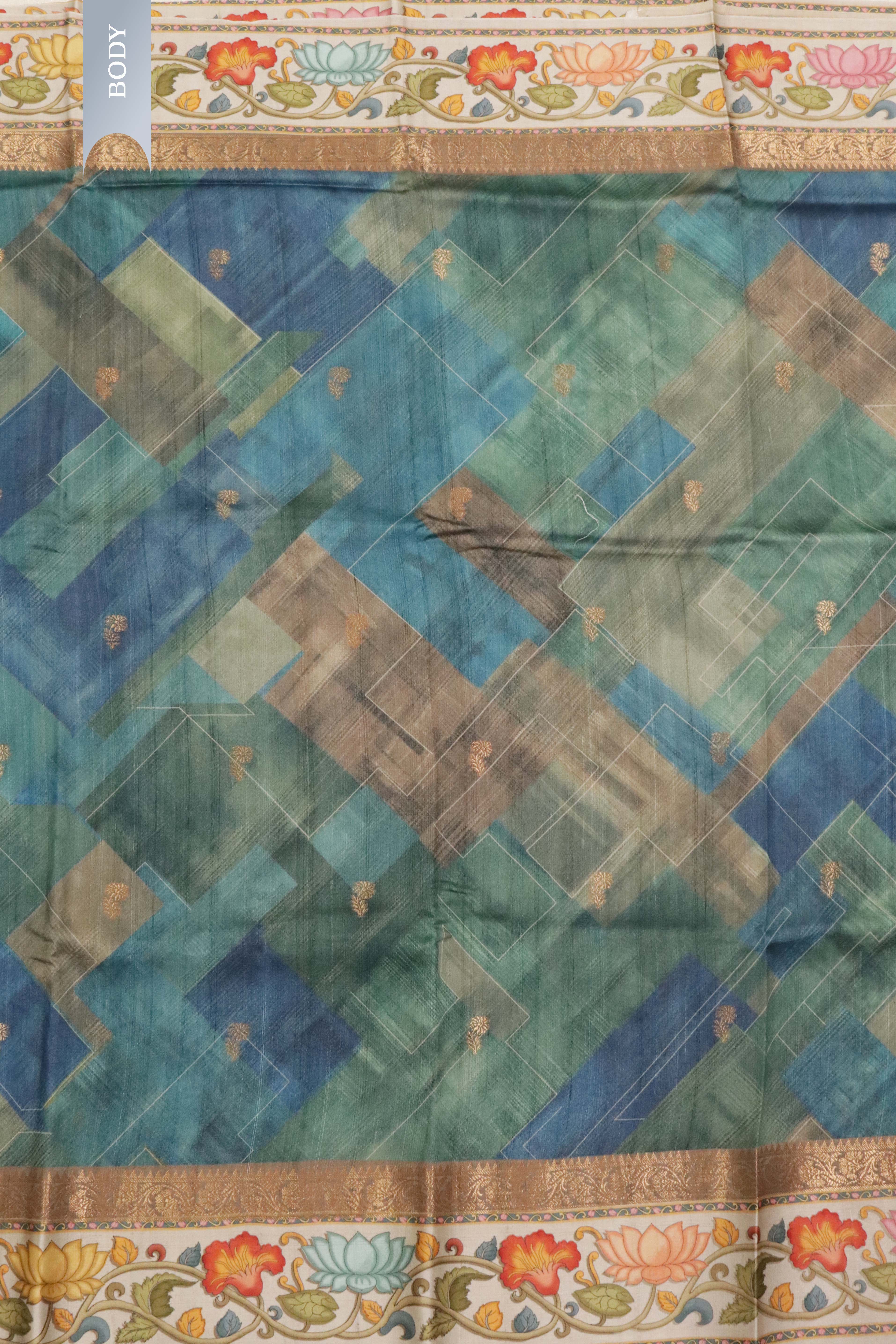 Blue-Green Tussar Silk Saree with Zari Motifs & Printed Border