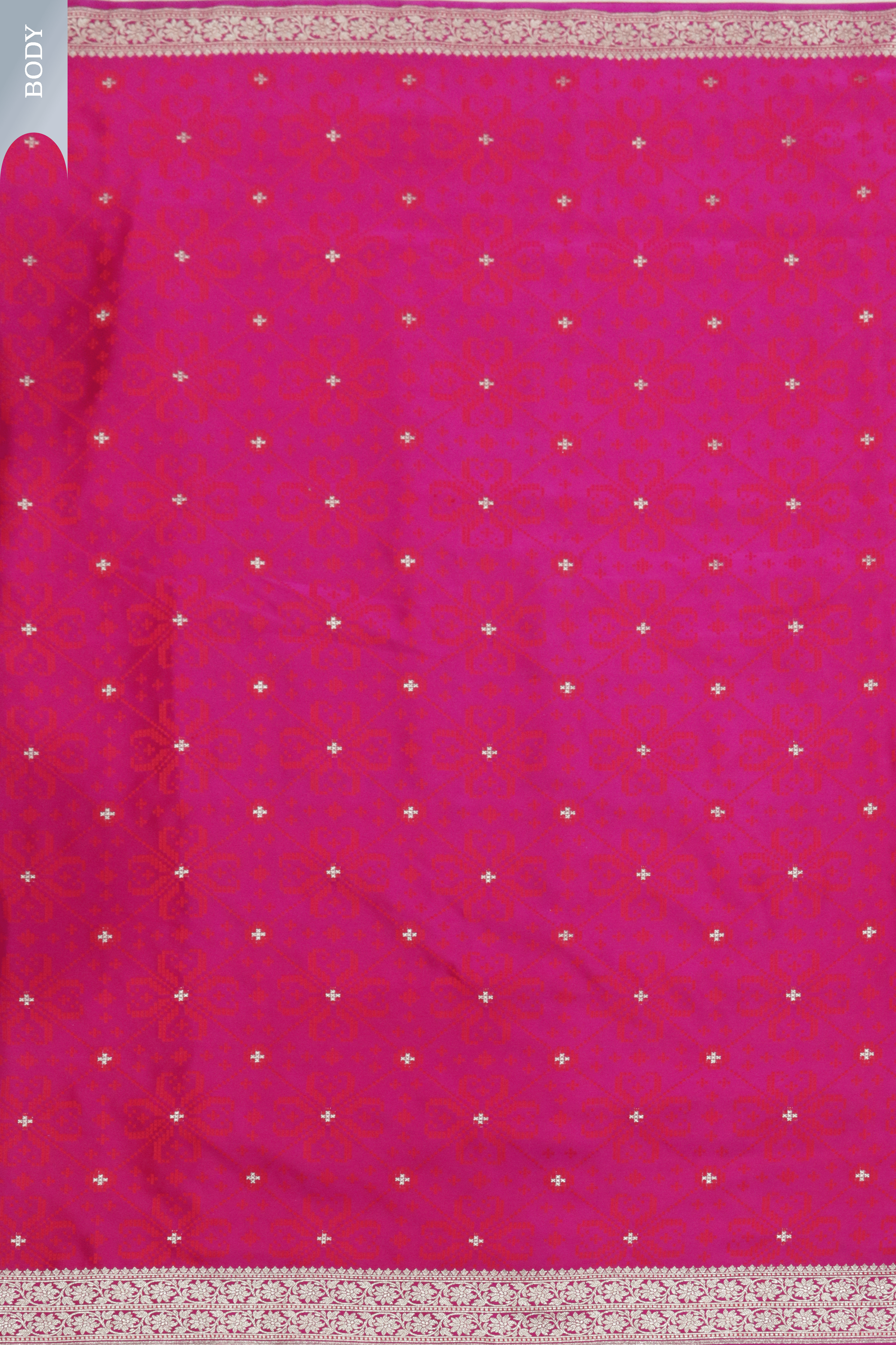 Magenta Pink Banarasi Semi-Silk Saree with Orange Thread & Zari Motifs