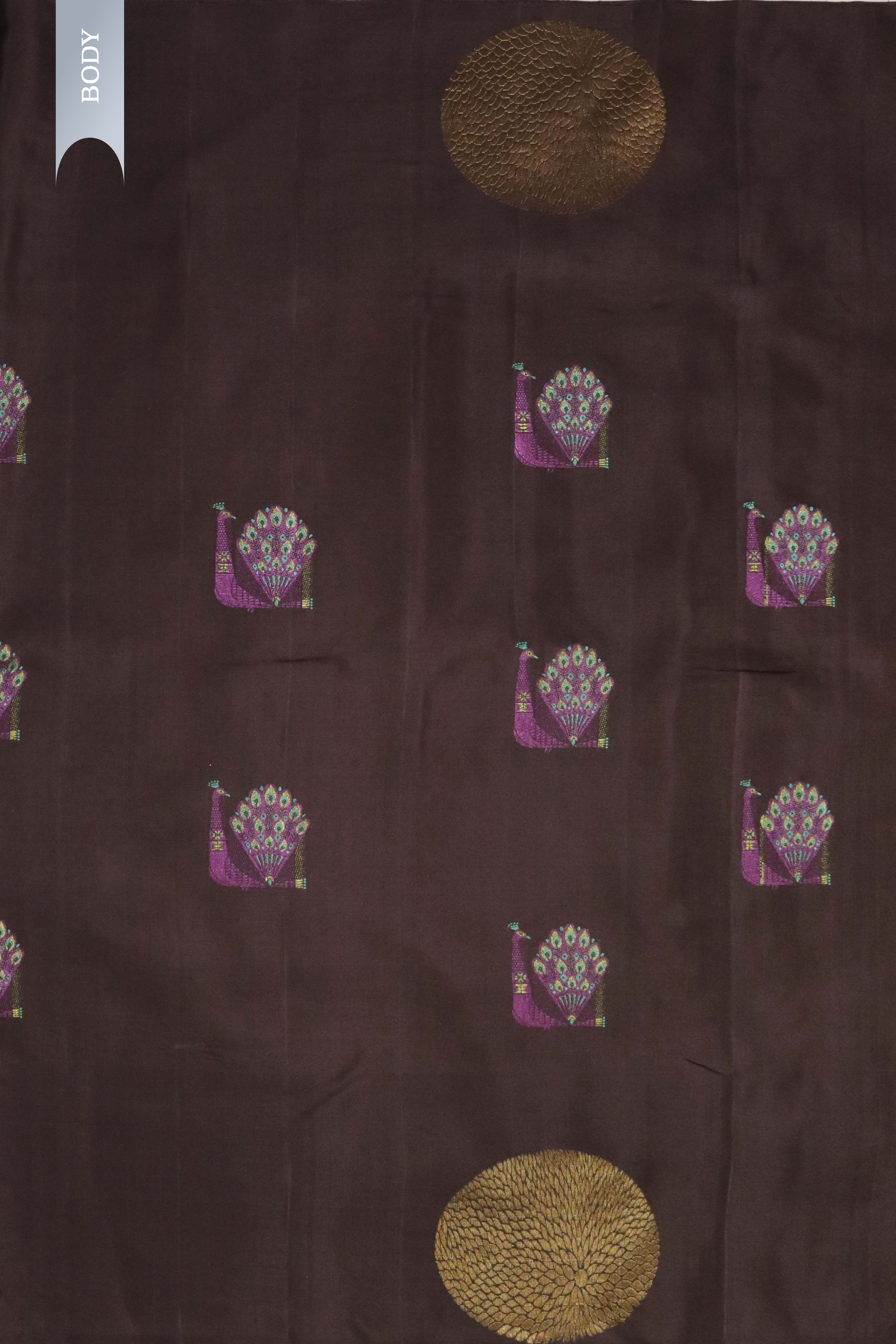 Brown Kanchivaram Silk Saree with Peacock Motifs