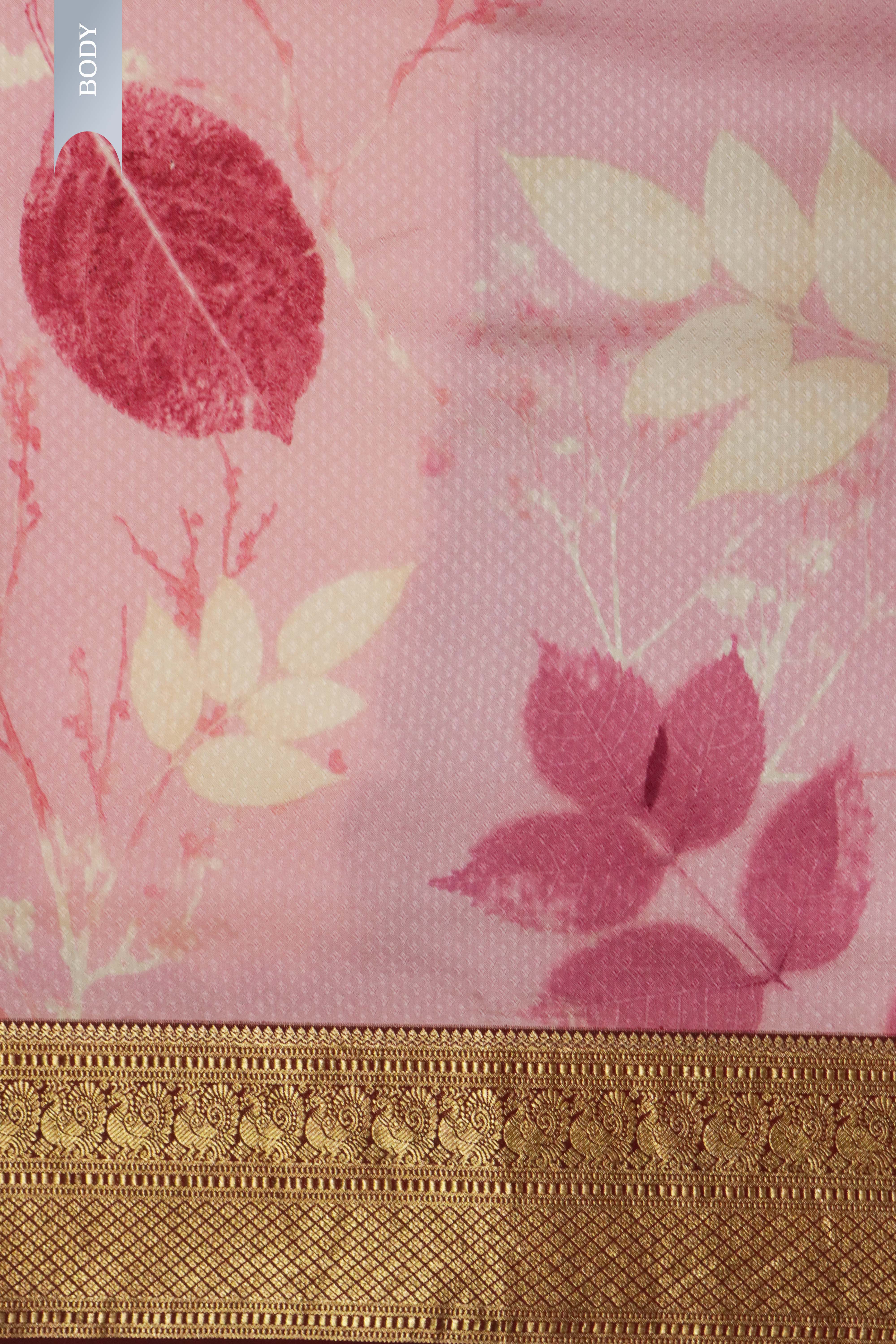 Light Pink Silk Saree with Floral Print & Maroon Zari Border