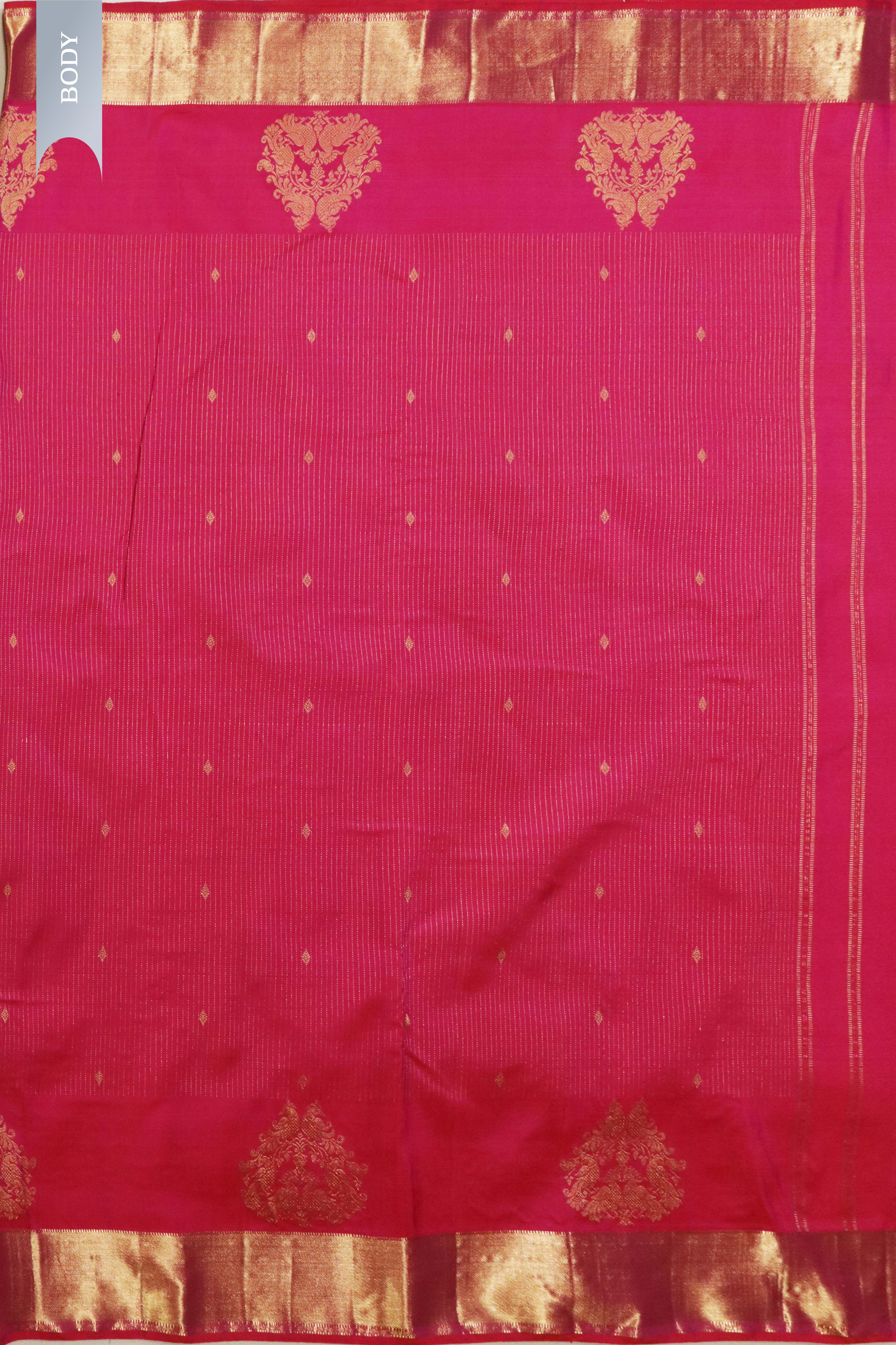Tomato Pink Kanchivaram Silk Saree with Zari Stripes, Butti & Fancy Border