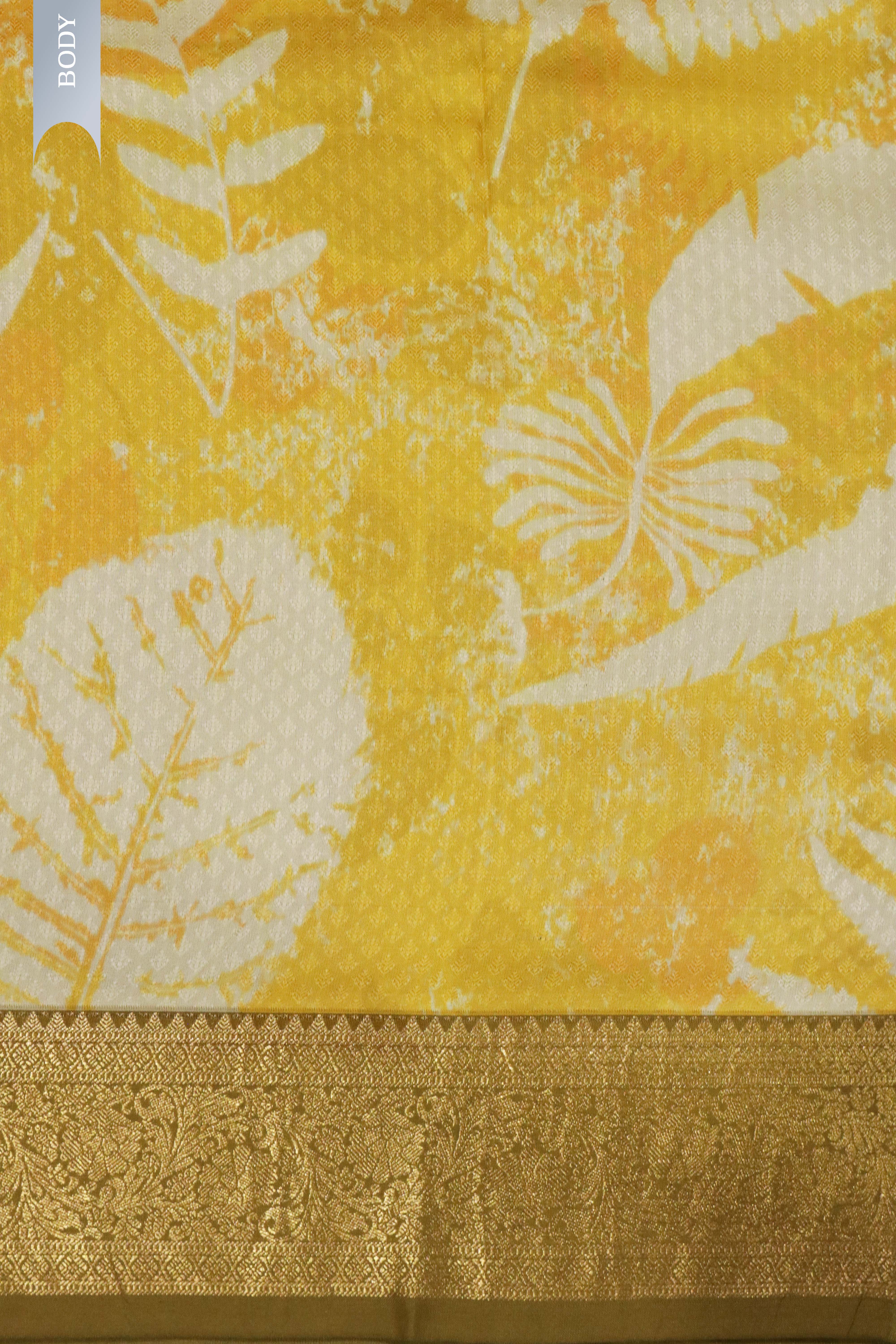 Yellow Printed Silk Saree with Zari Border