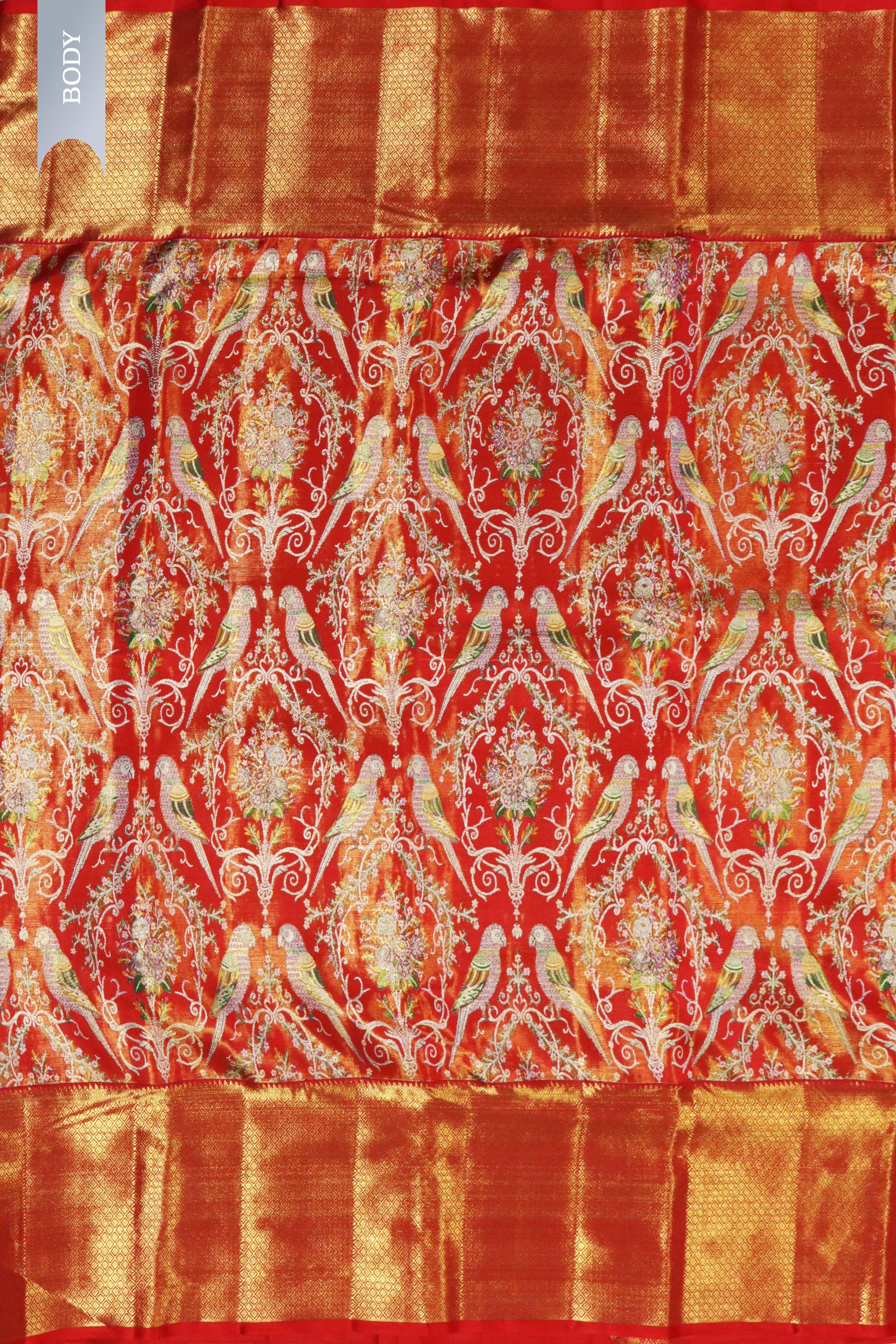 Rust Red Kanchivaram Tissue Silk Saree with Meena Weaving & Zari Border - Mokshaa