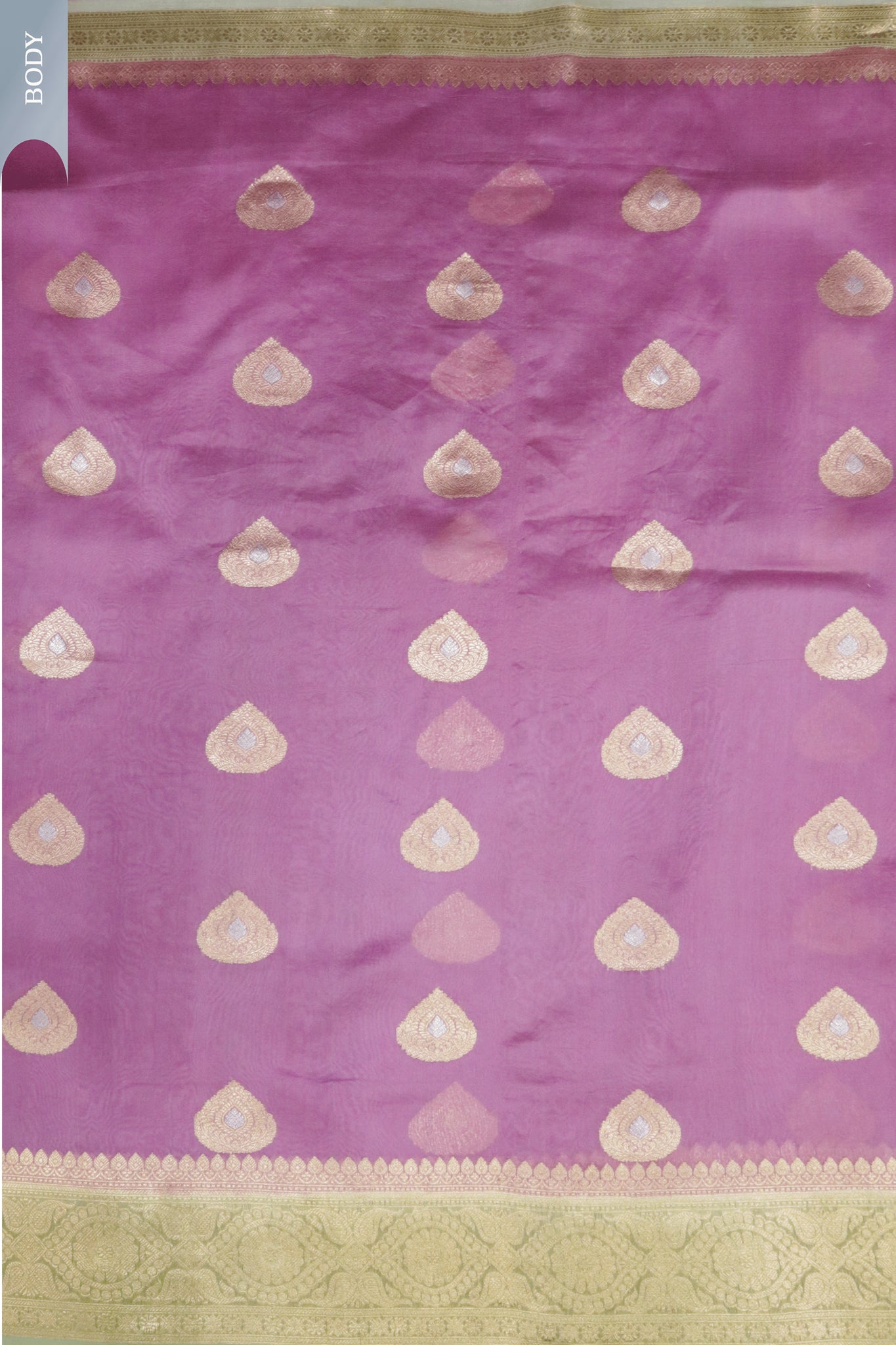 Onion Pink  Banarasi Kora Saree with Pista Green Border & Gold-Silver Motifs