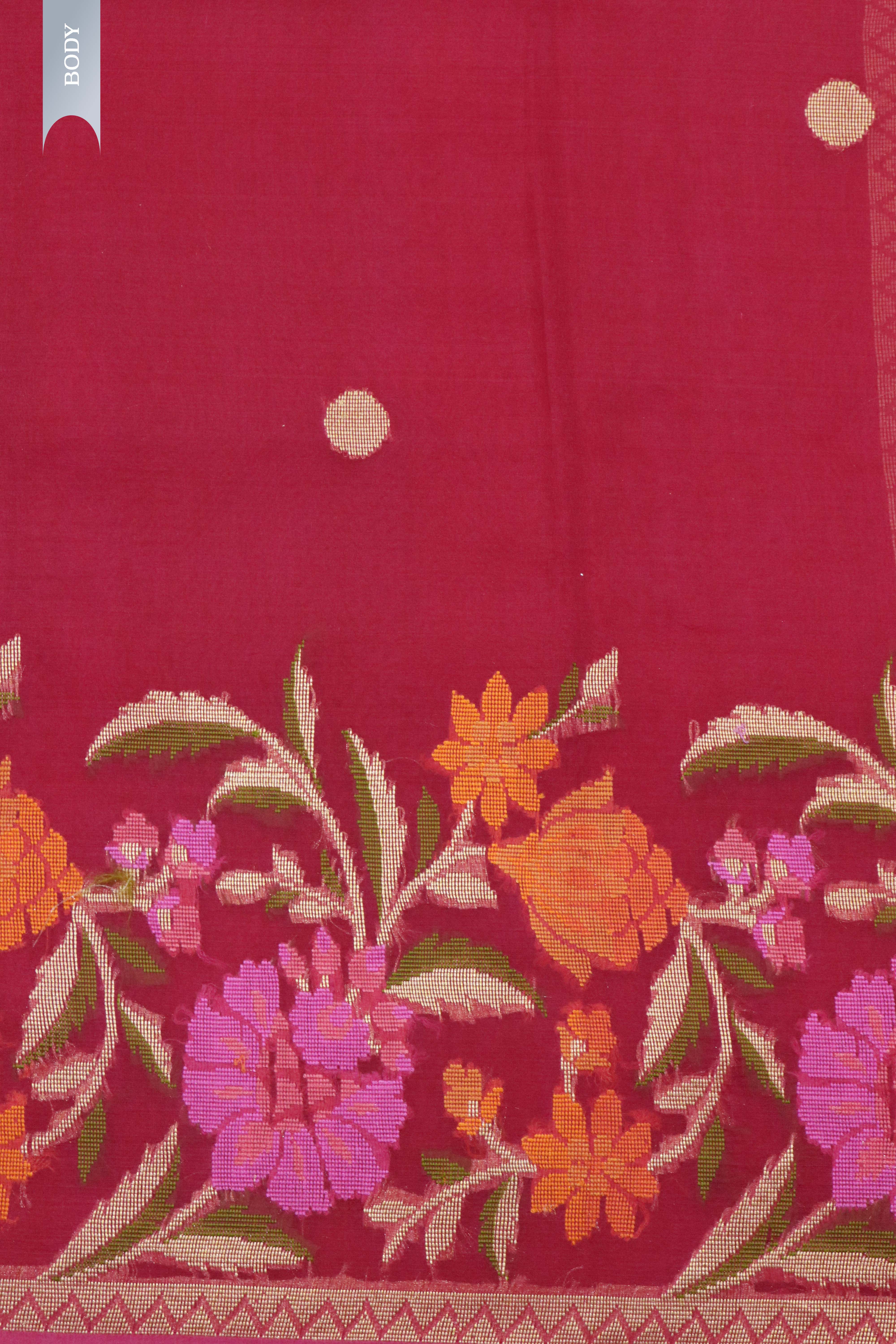 Tomato Pink Banarasi Kora Silk Saree with Multicolor Zari Weaving