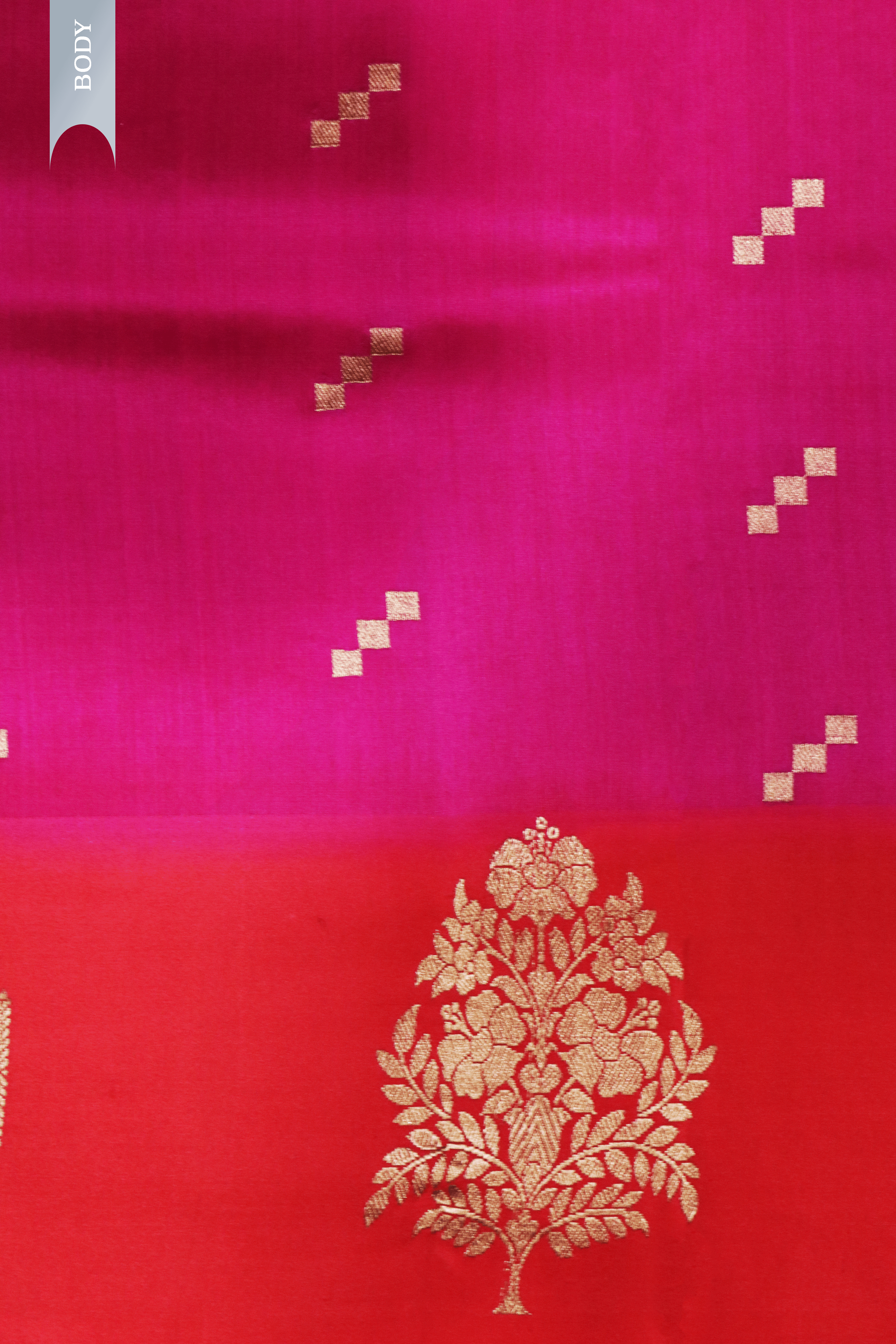 Rani Pink Banarasi Chanderi Silk Saree with Red Satin Border & Gold Motifs