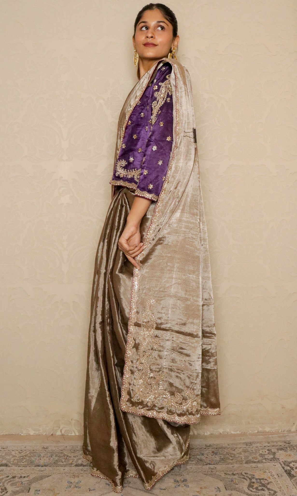 Silver Tissue Silk Saree with Purple Blouse