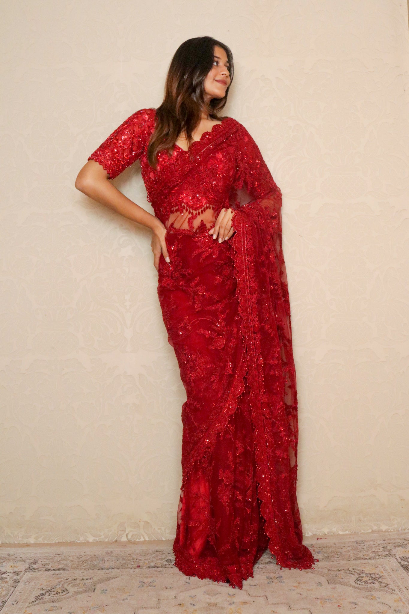 Red Net Saree with Thread & Sequin Embroidery