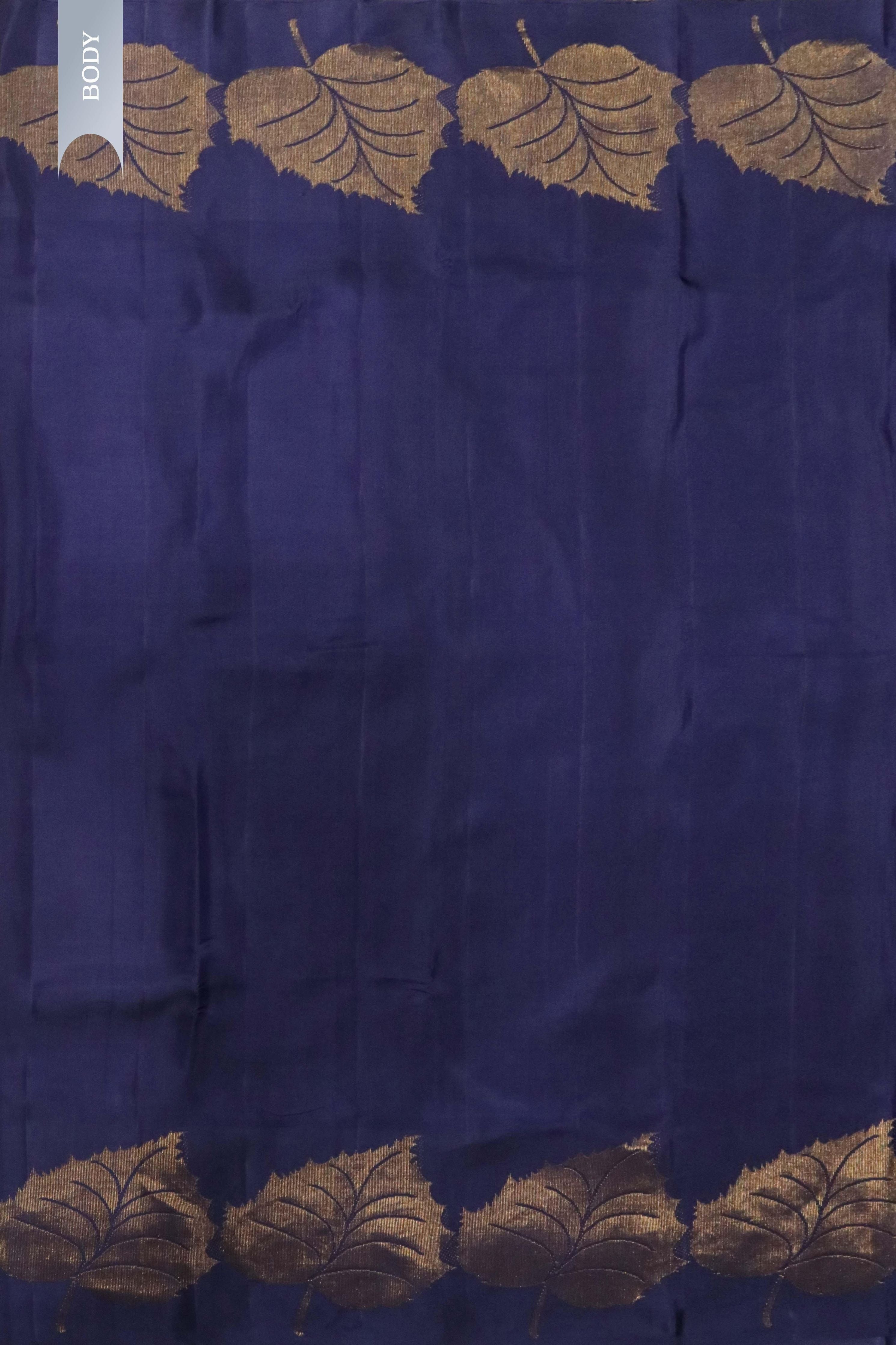 Navy Blue Kanchivaram Silk Saree with Gold Leaf Zari - Mokshaa