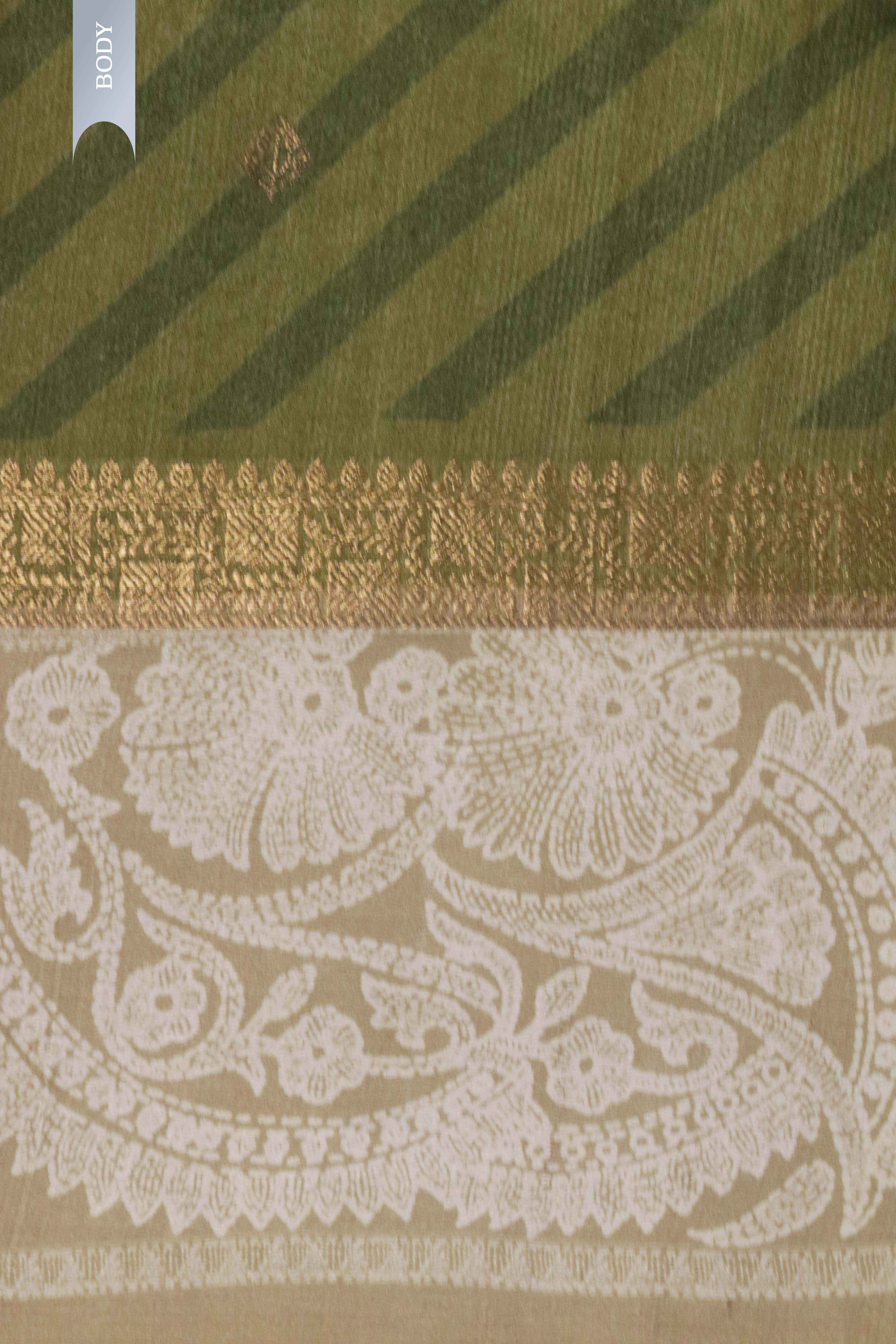 Green Tussar Silk Saree with Zari Buttas & Printed Border