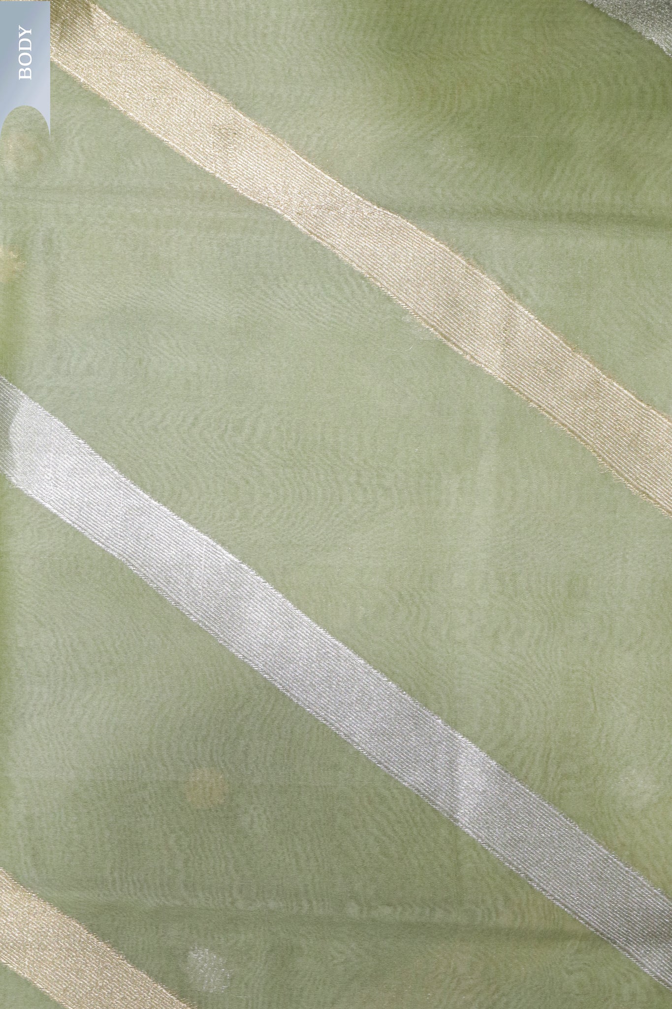 Pista Green Banarasi Kora Saree with Gold & Silver Stripes