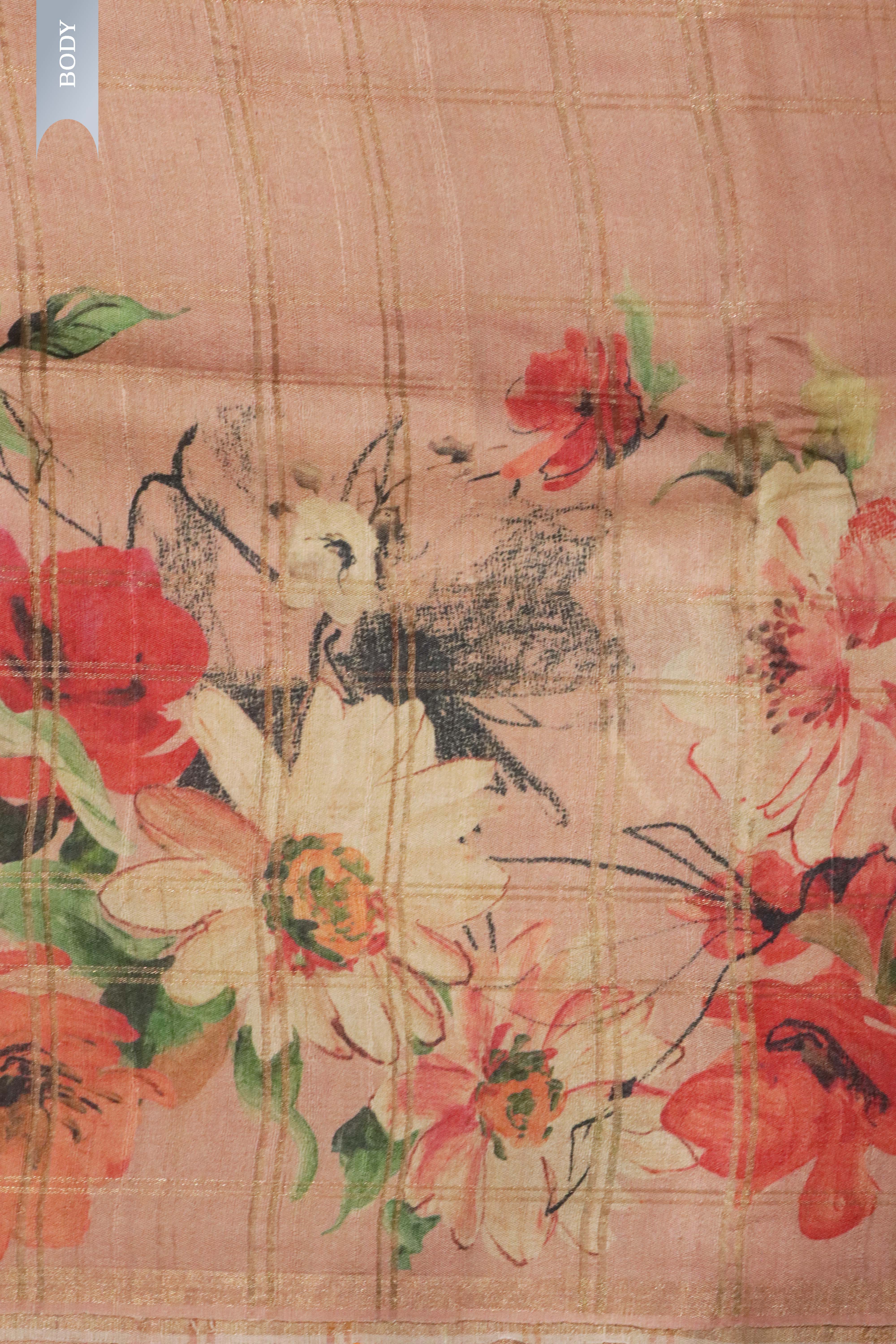 Chikko Tussar Silk Saree with Checks & Floral Print