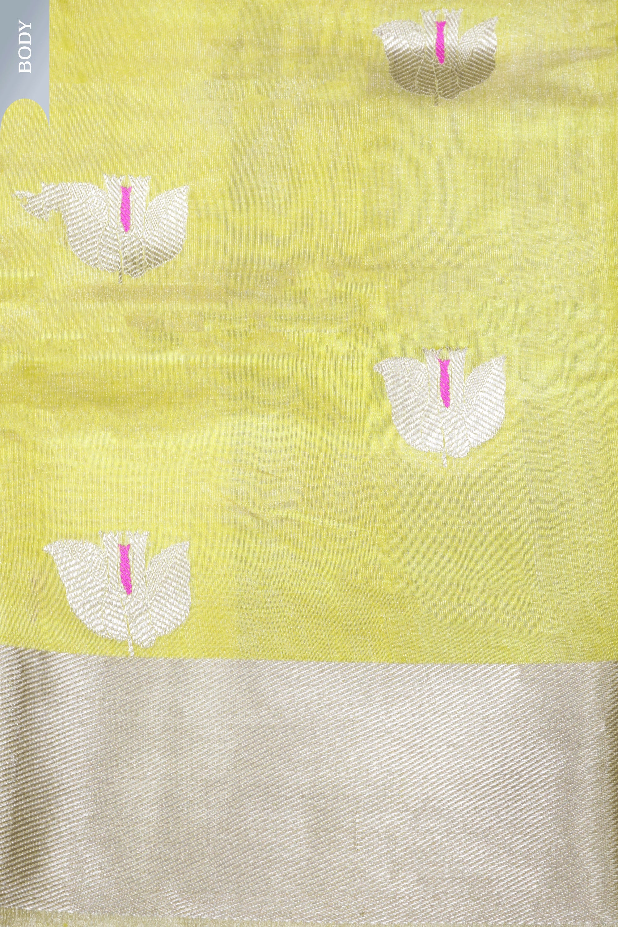 Yellow Banarasi Chanderi Tissue Silk Saree with Silver Zari Motifs