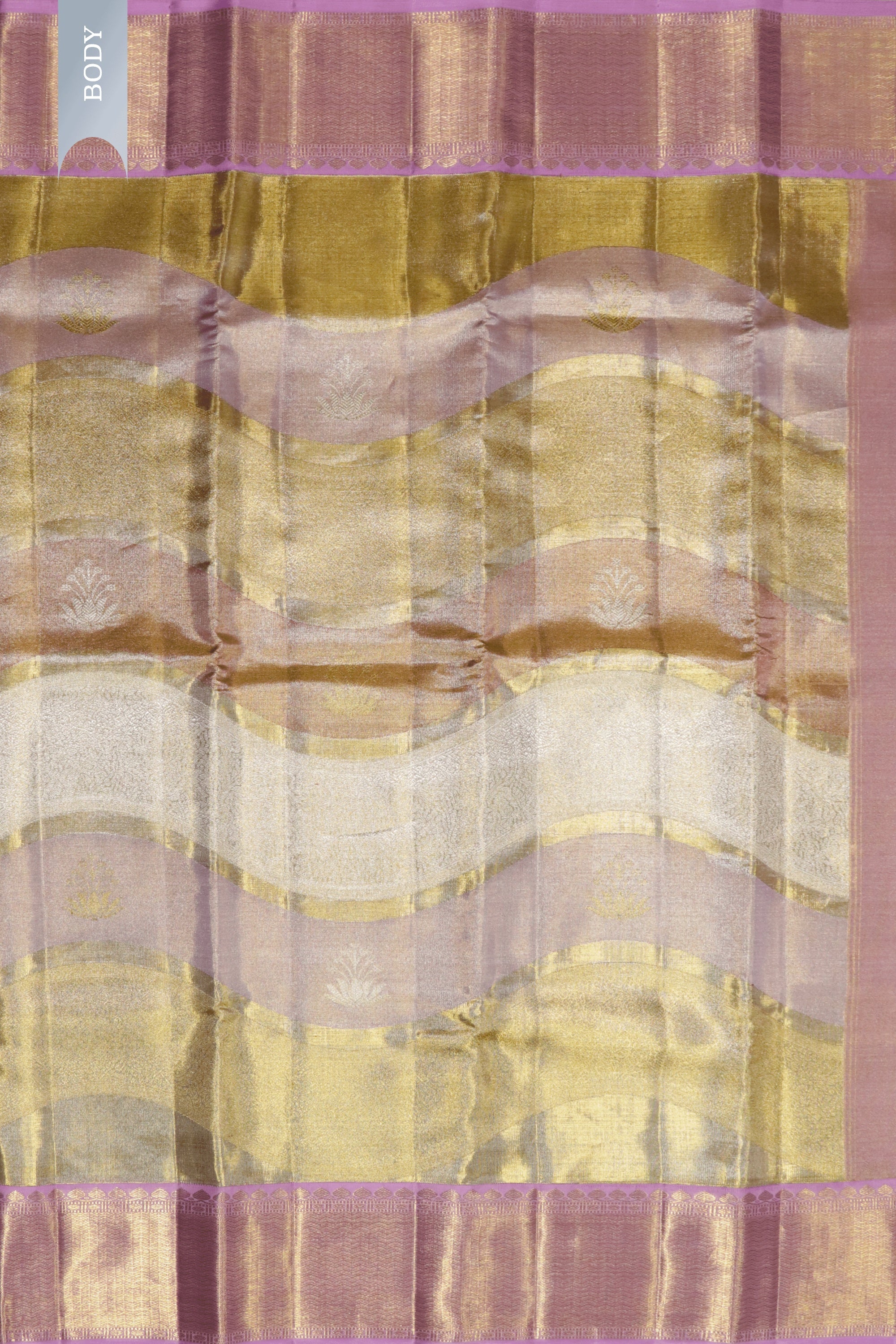 Golden Silver Tissue Silk Kanchivaram Saree with Light Pink Contrast Border