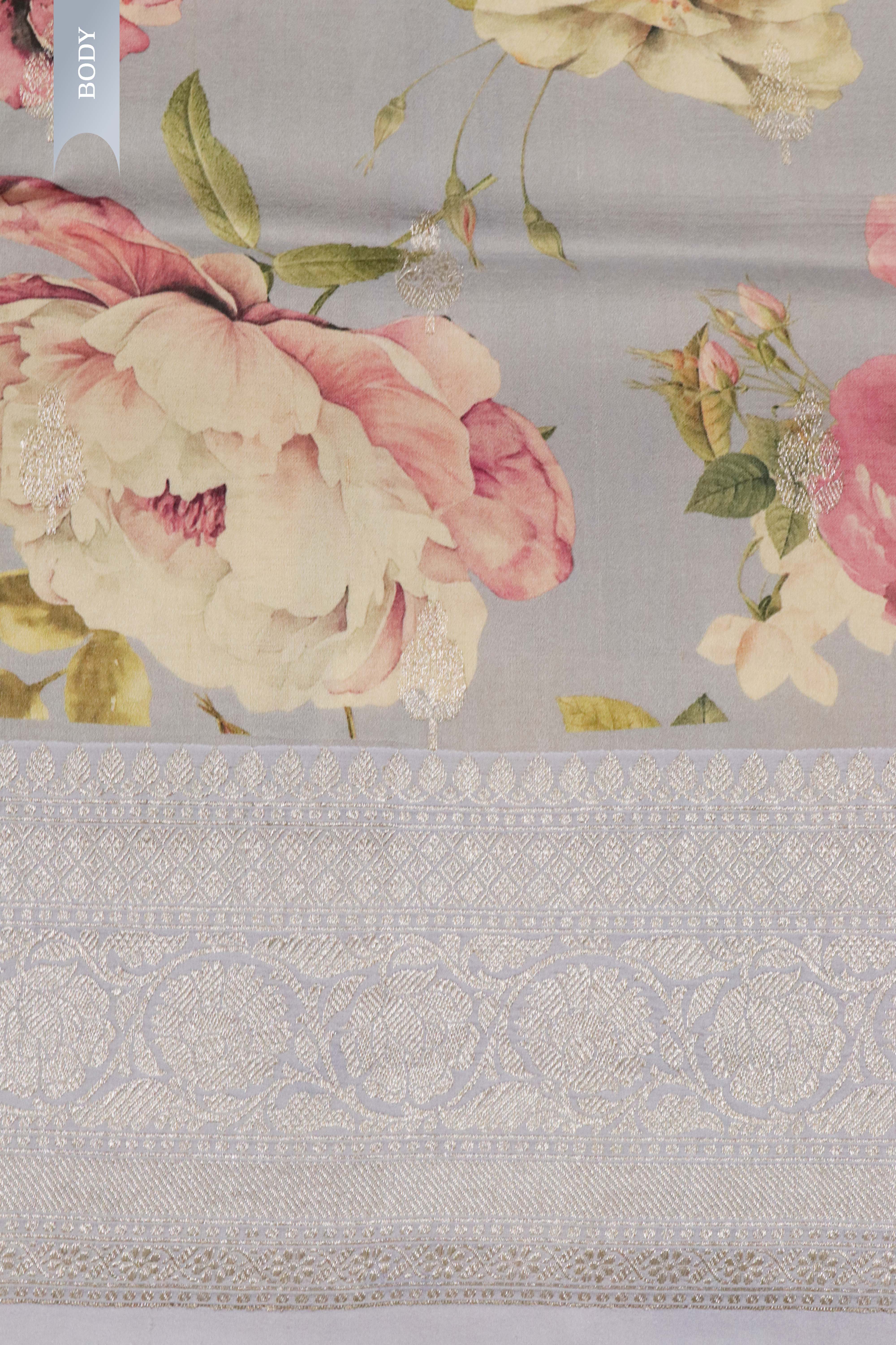 Powder Blue Tussar Silk Saree with Floral Print & Zari Border