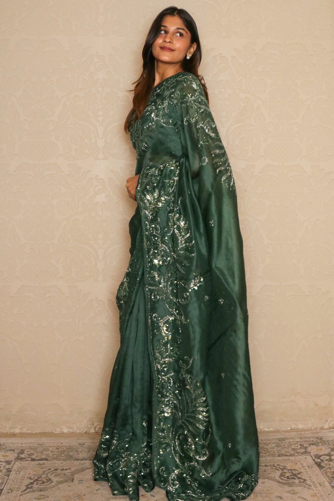 Emerald Green Organza Saree with Sequin & Bead Embroidery