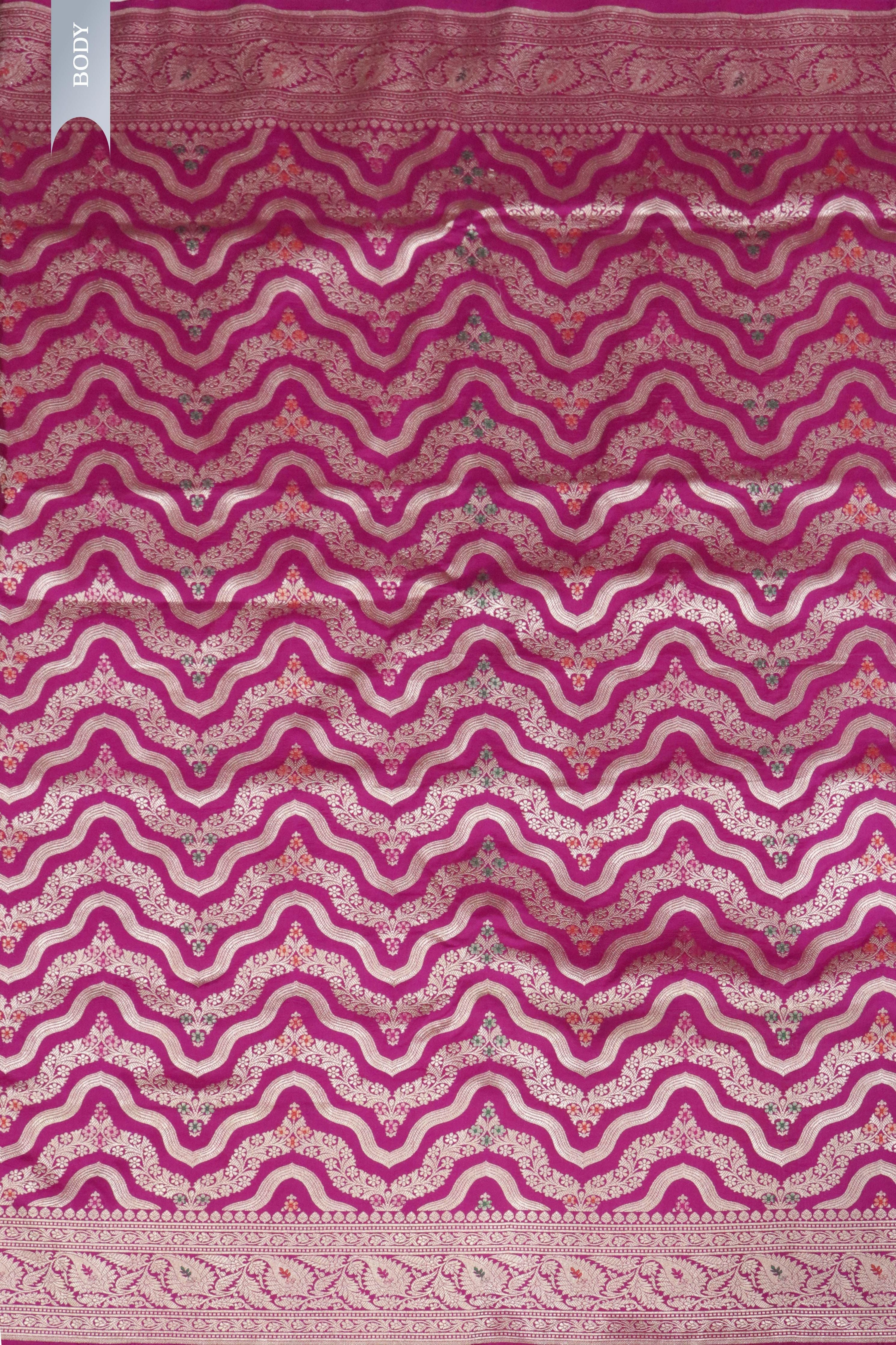 Rani Pink Banarasi Silk Saree with Wave Jaal and Zari Border - Mokshaa