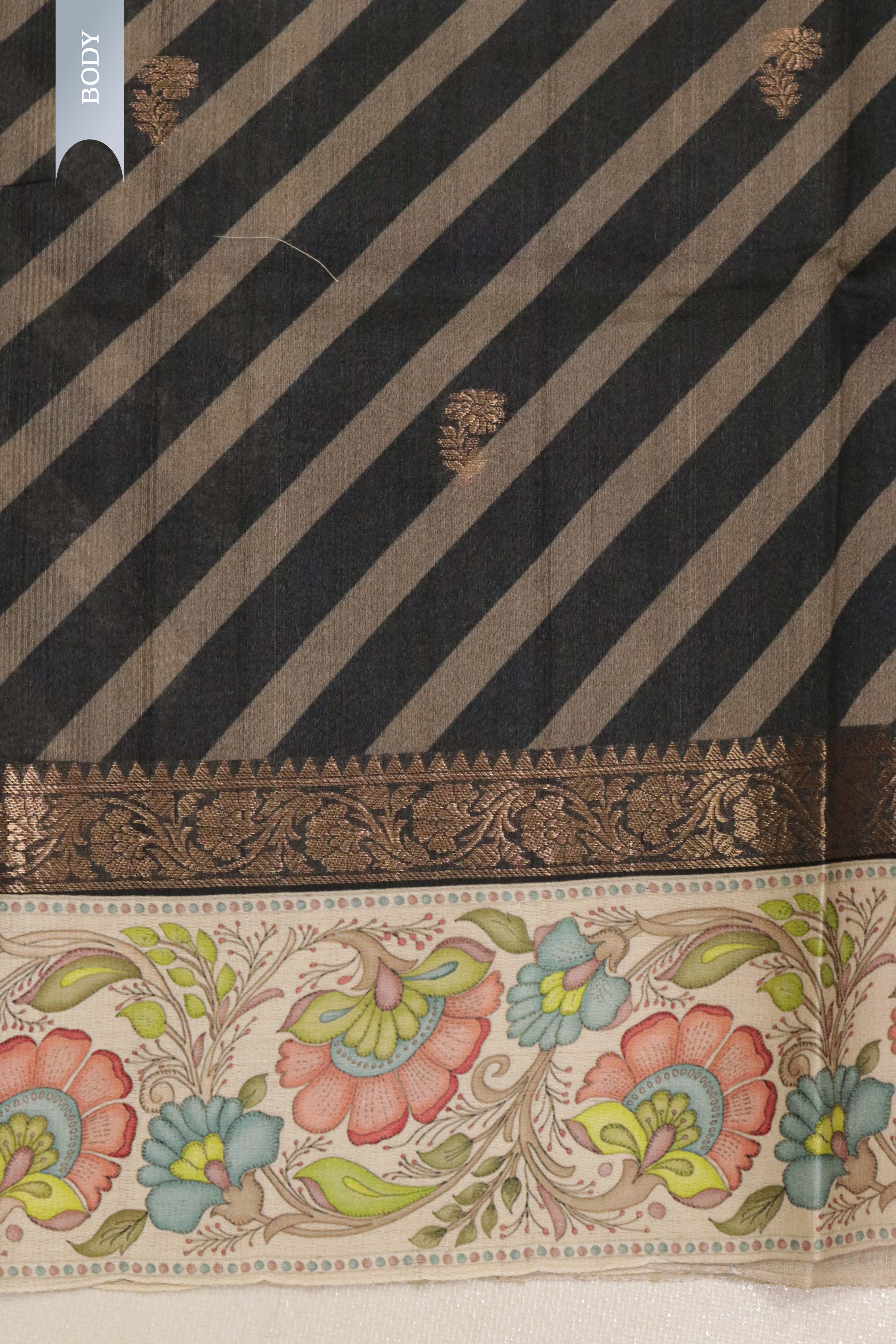 Black & Grey Banaras Tussar Silk Saree with Zari Motifs & Kalamkari Border