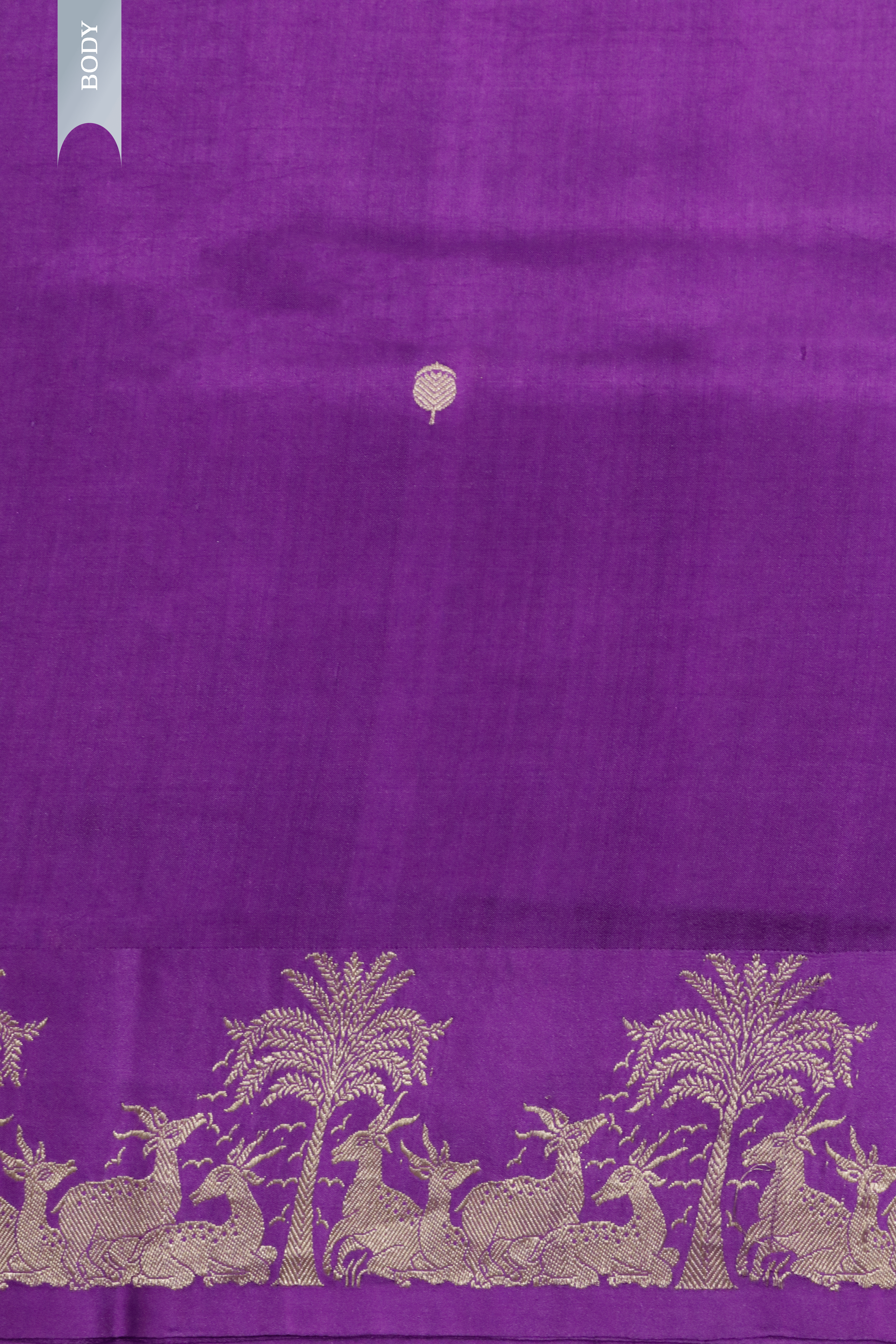 Violet Banarasi Chanderi Silk Saree with Gold Deer & Palm Motifs