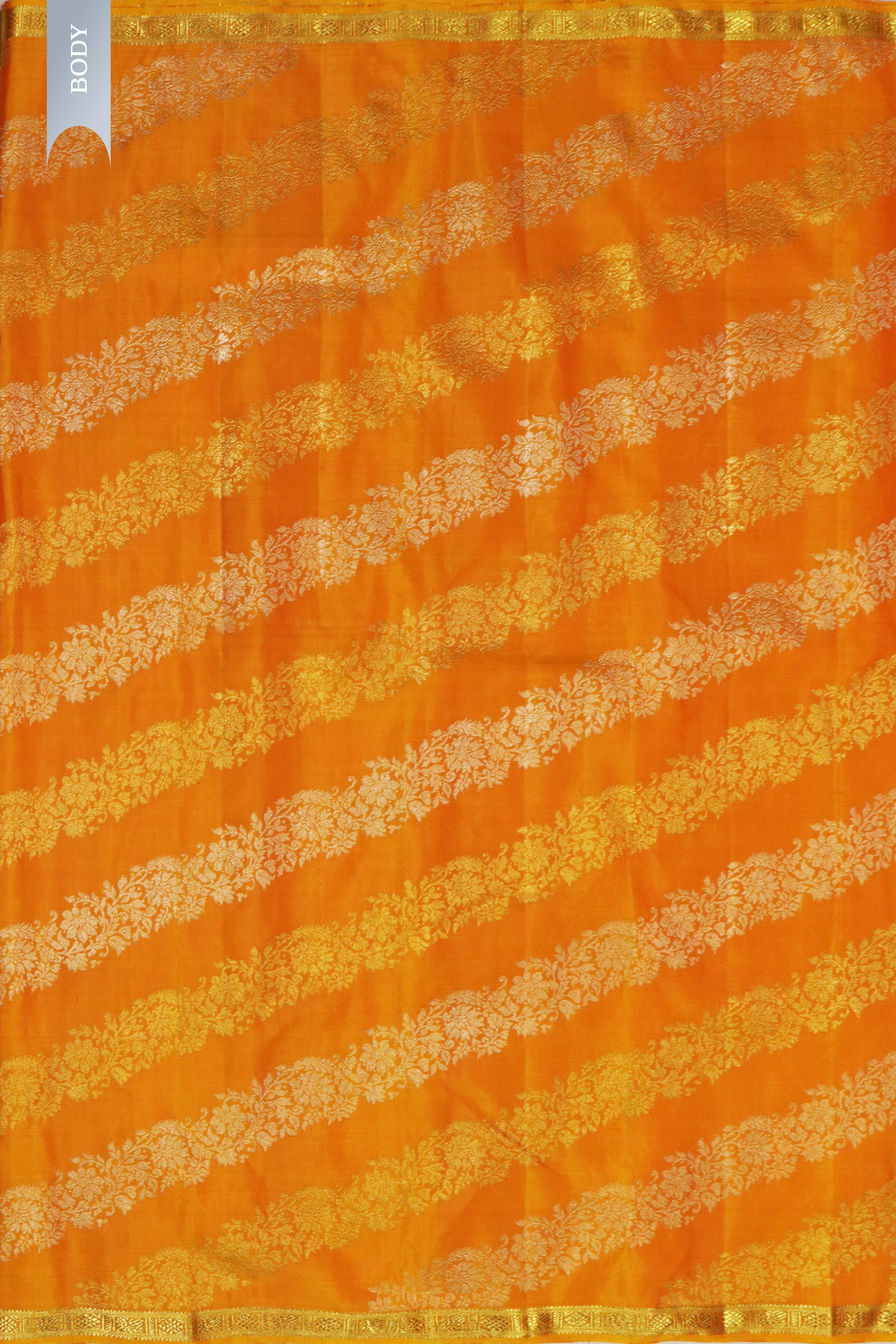 Mango Yellow Kanchivaram Silk Saree with Gold & Silver Stripes