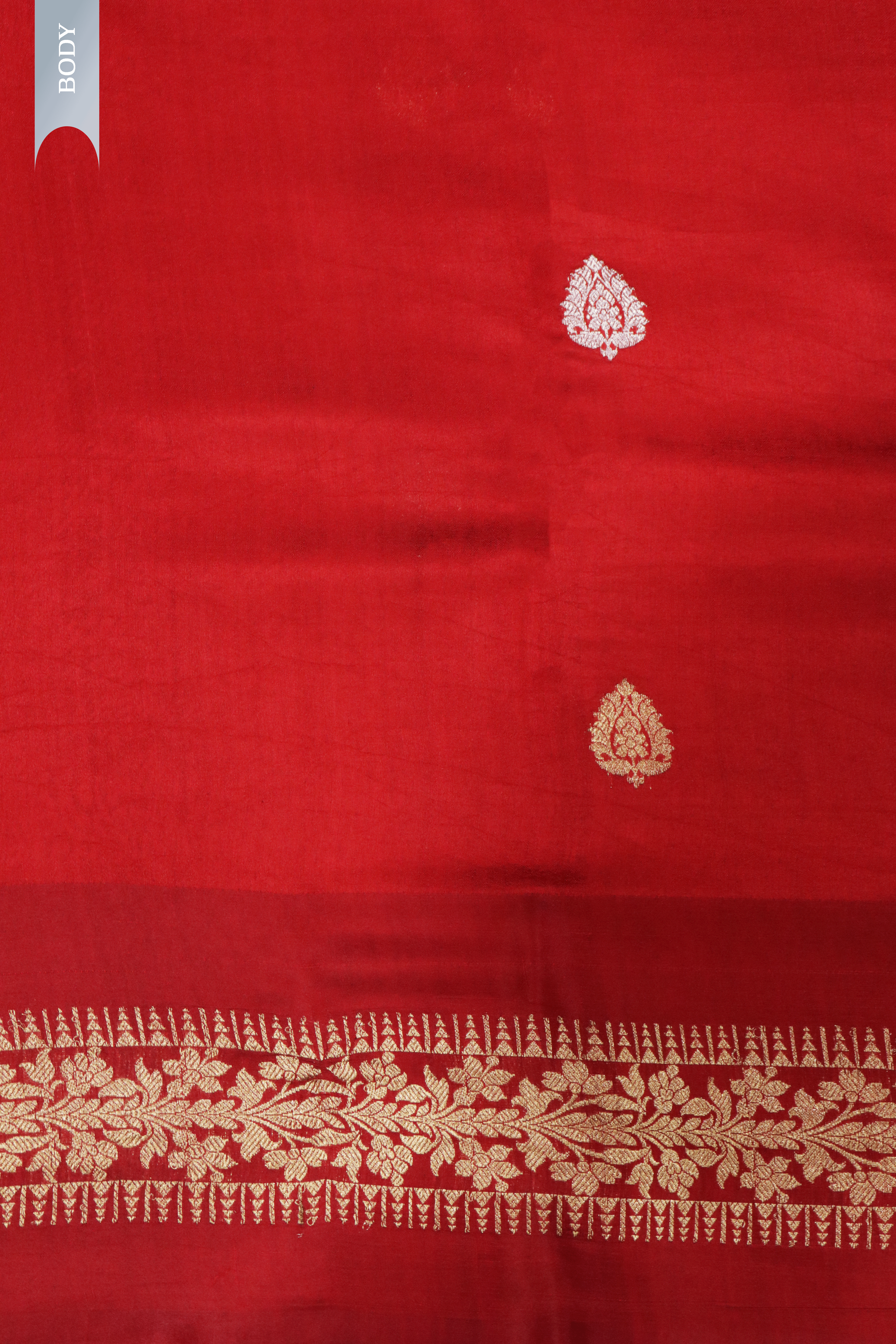 Red Banarasi Chanderi Silk Saree with Golden & Silver Motifs and Satin Border