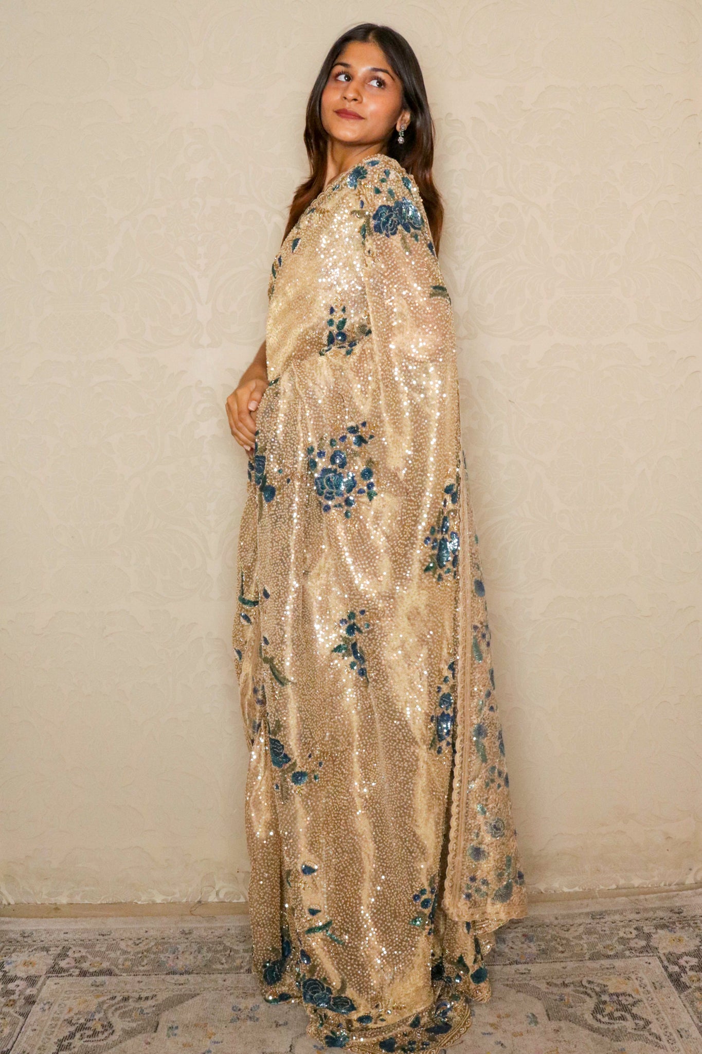 Gold Sequin Organza Saree with Matching Blouse