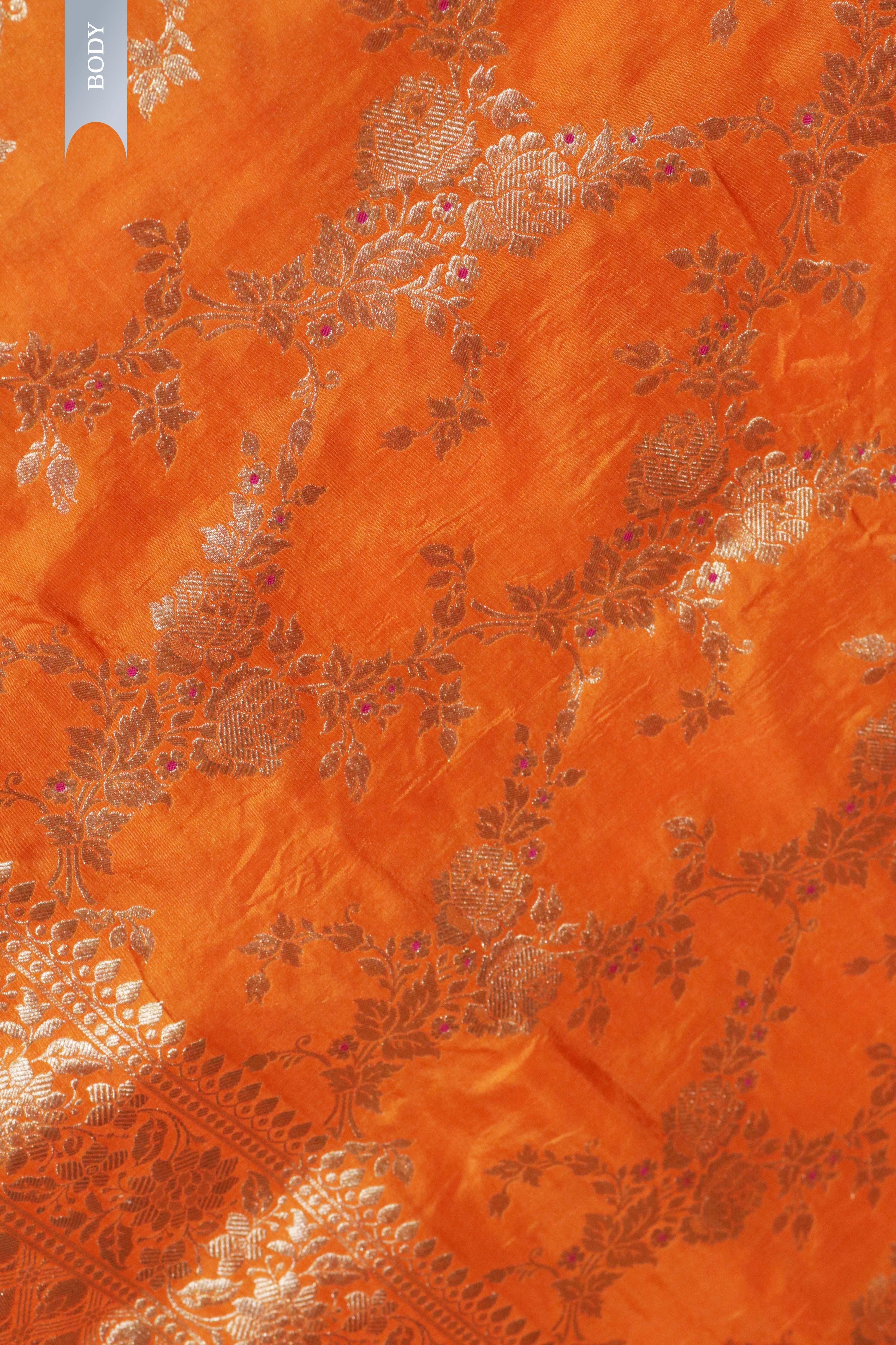 Orange Banarasi Silk Saree with Zari Jaal - Mokshaa