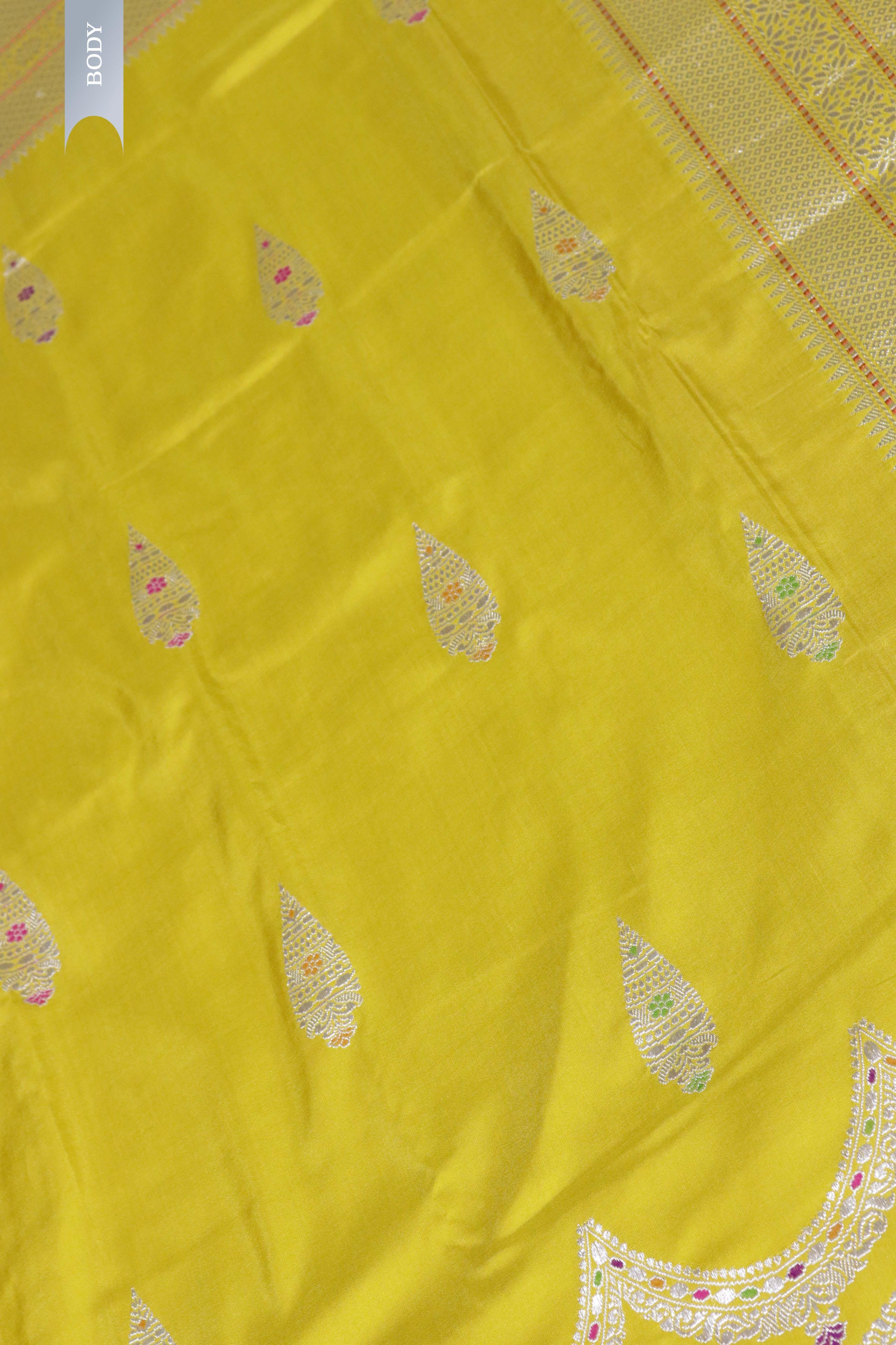 Mustard Yellow Banarasi Silk Saree with Fancy Border & Contrast Blouse - Mokshaa
