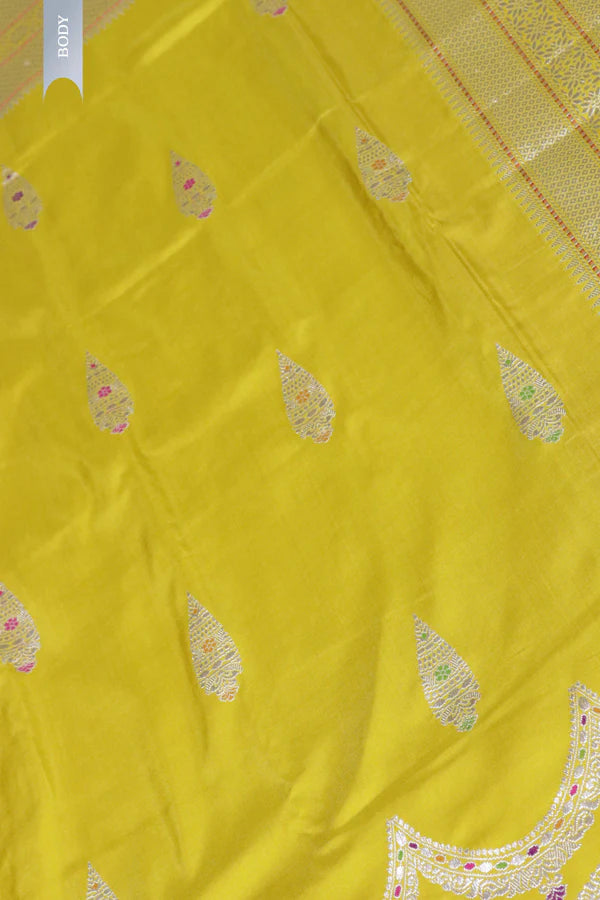 Mustard Banarasi Silk Saree with Fancy Butti & Contrast Blouse