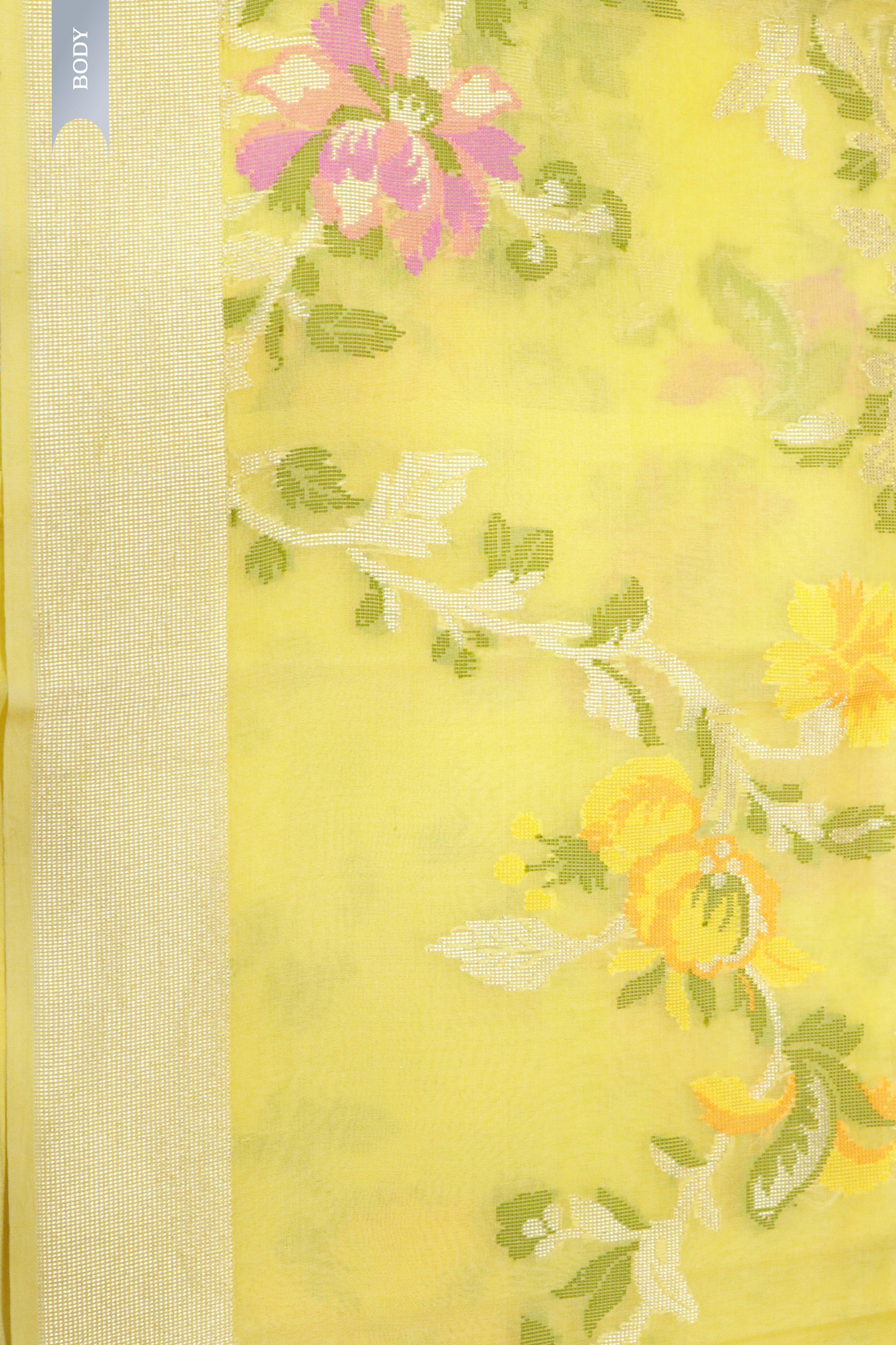 Yellow Banarasi Kora Silk Saree with Zari Multi-Butta - Mokshaa