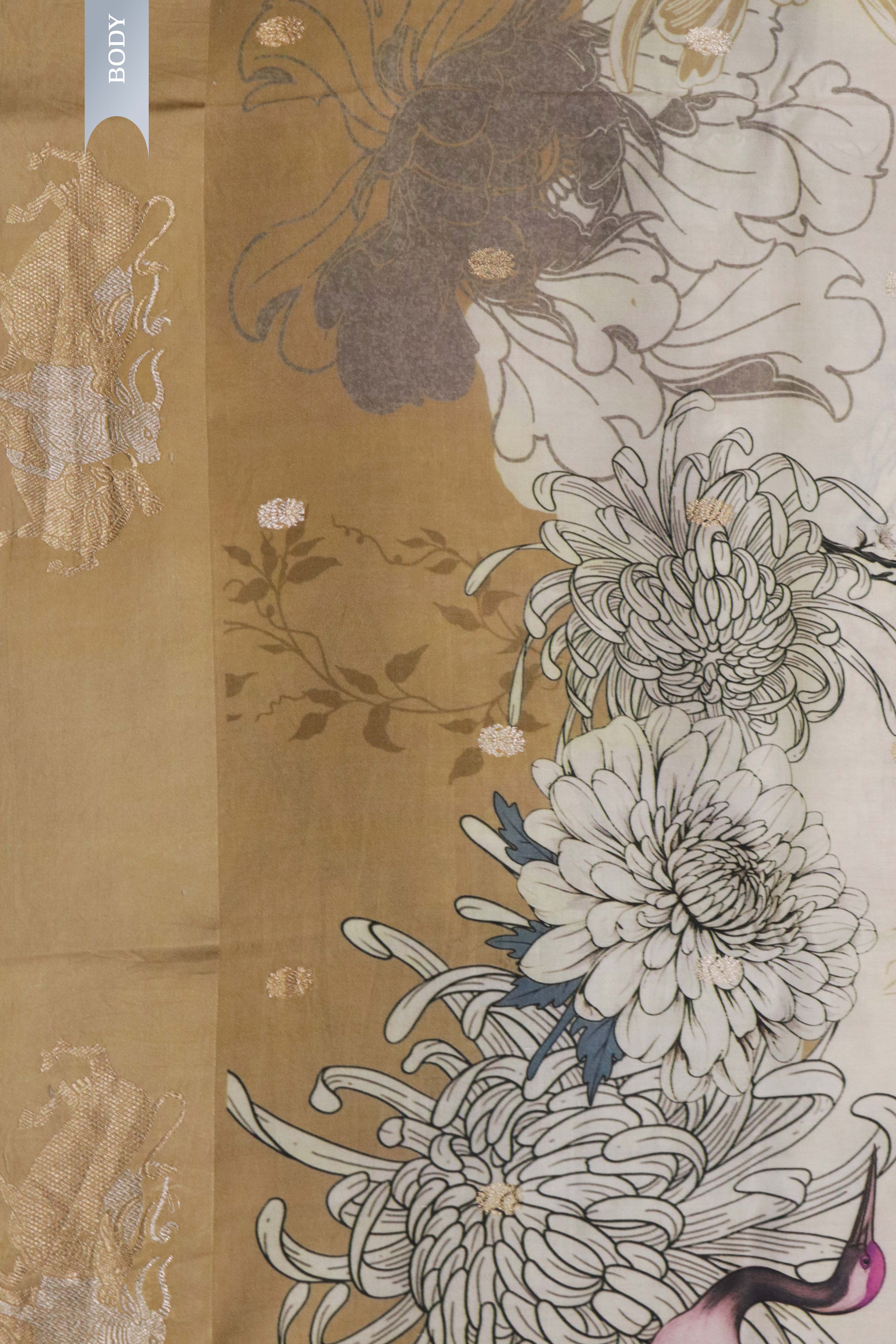 Off-White Gold Silk Saree Floral Animal Print with Zari Motifs