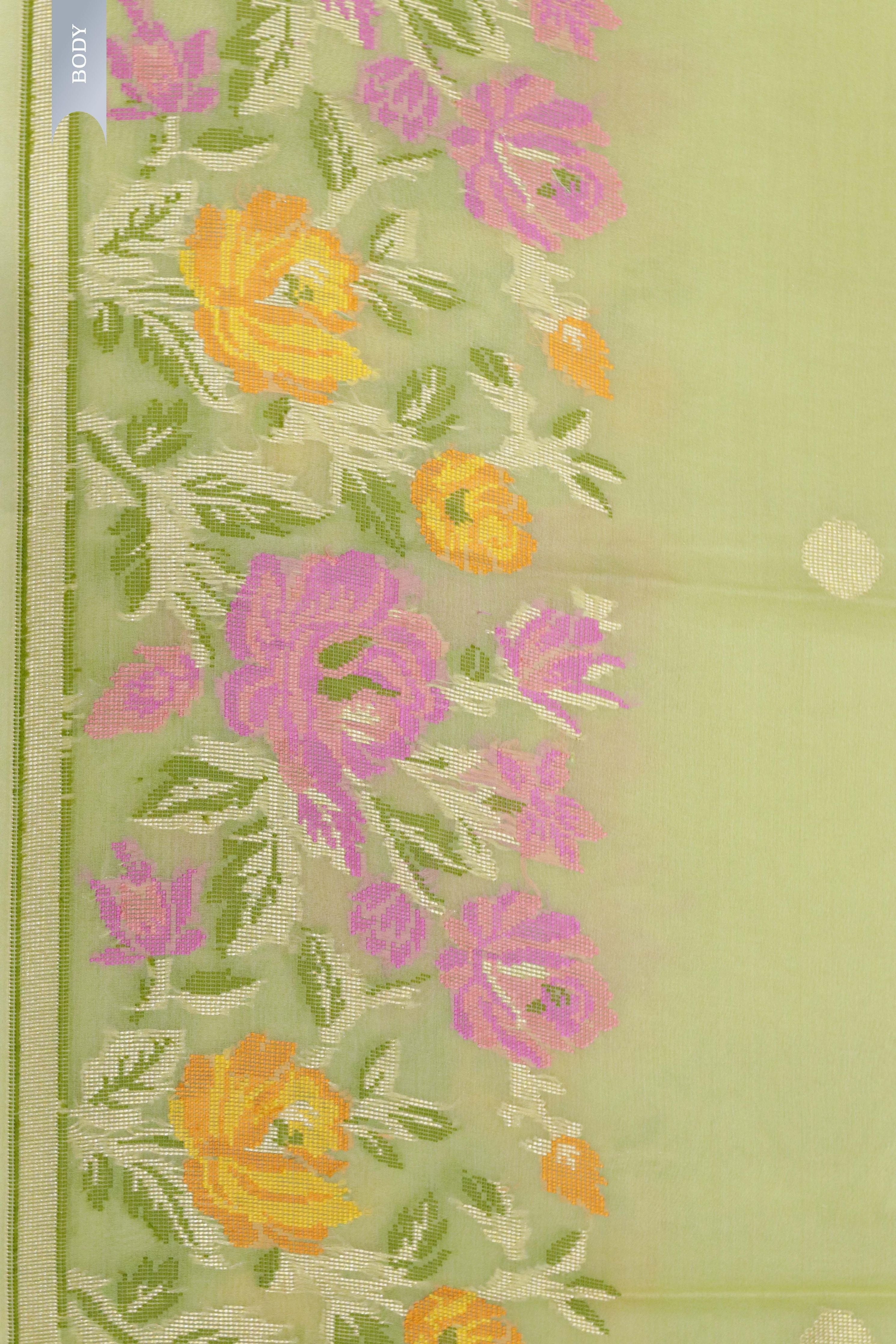 Pista Green Banarasi Kora Silk Saree with Multicolor Zari & Thread Weaving - Mokshaa