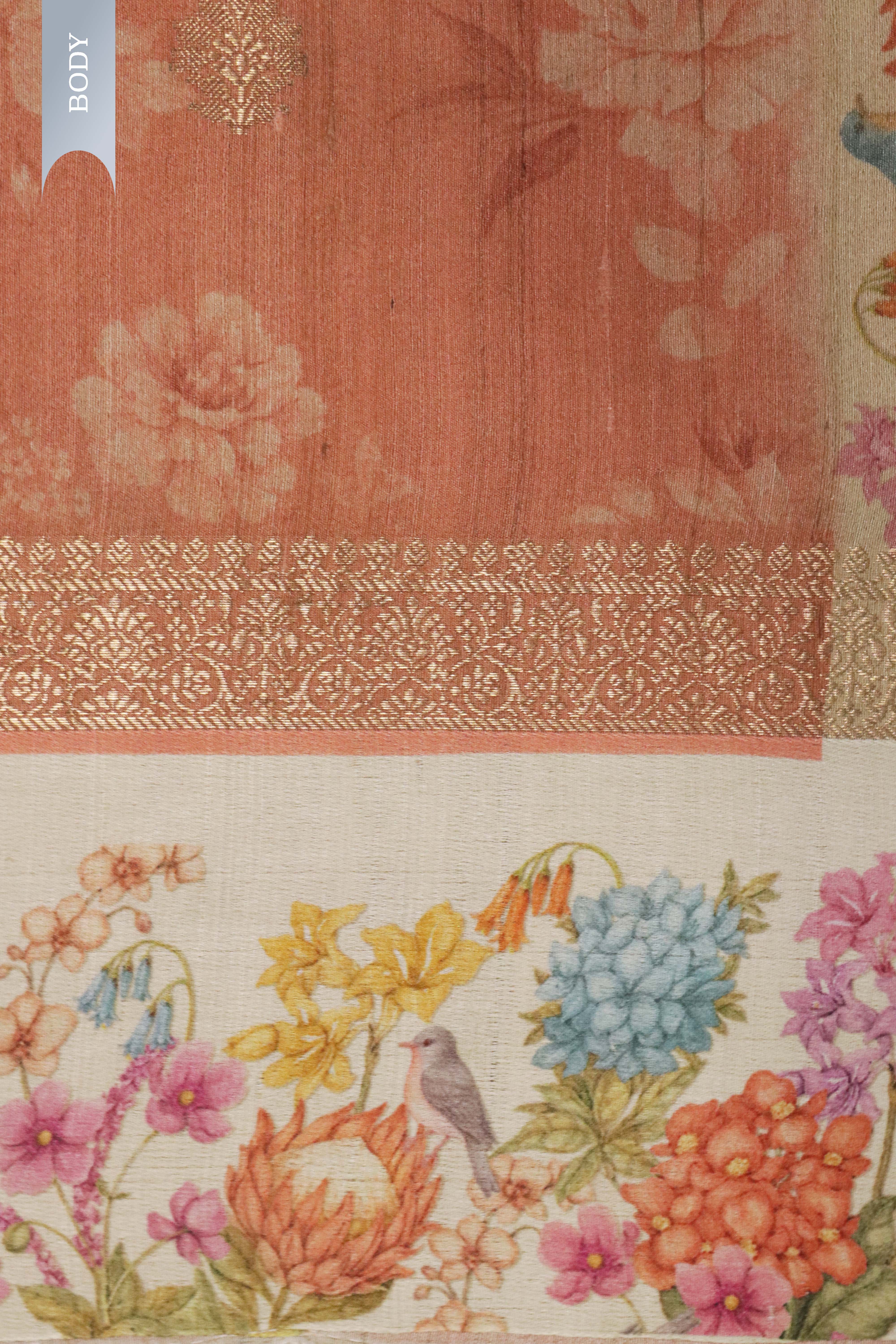 Peach Tussar Silk Saree with Golden Buttas & Floral Printed Border