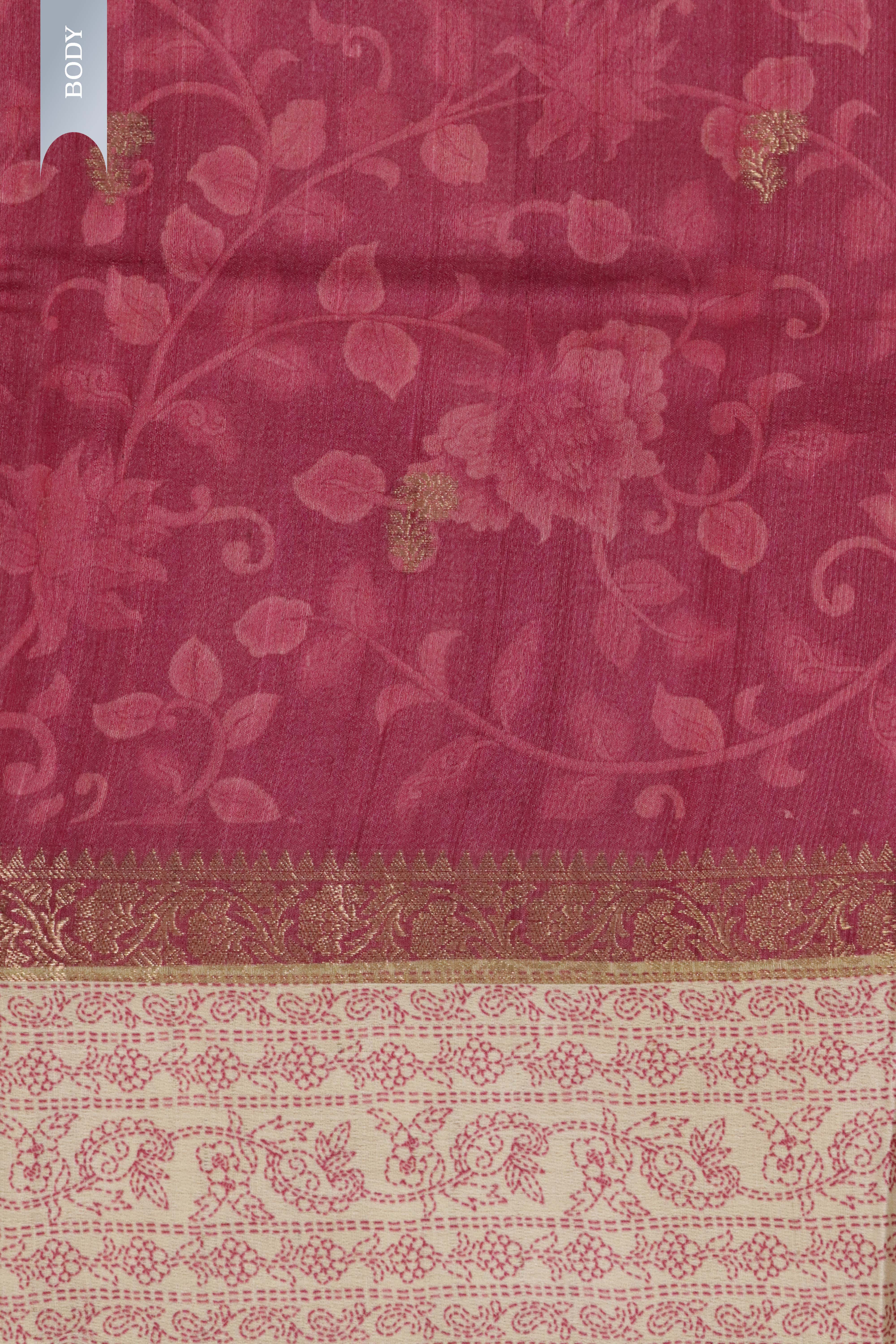 Reddish Pink Banaras Tussar Silk Saree with Zari Motifs & Satin Border