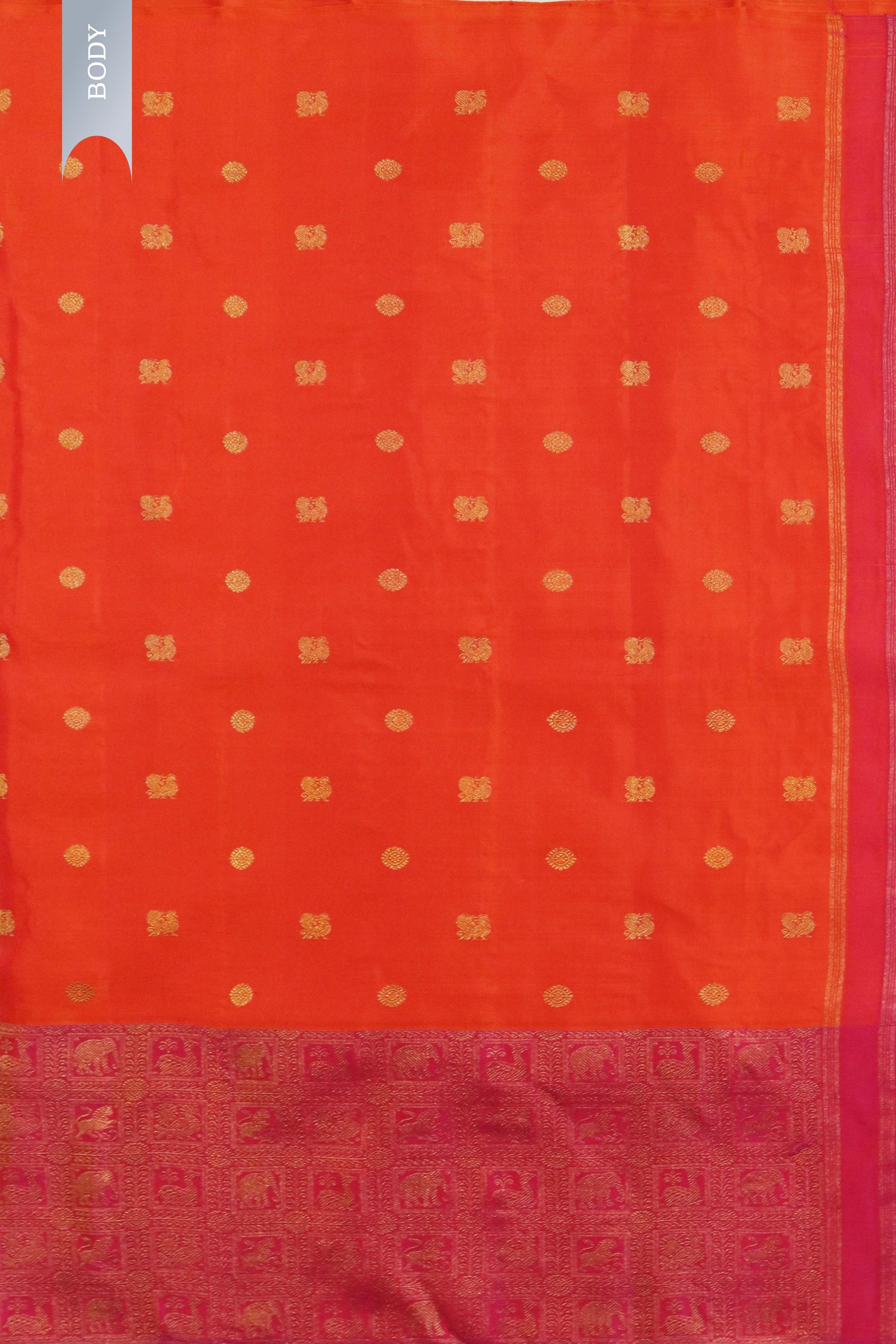 Orange Kanchivaram Silk Saree with Butta & Contrast Vanasingaram Border - Mokshaa
