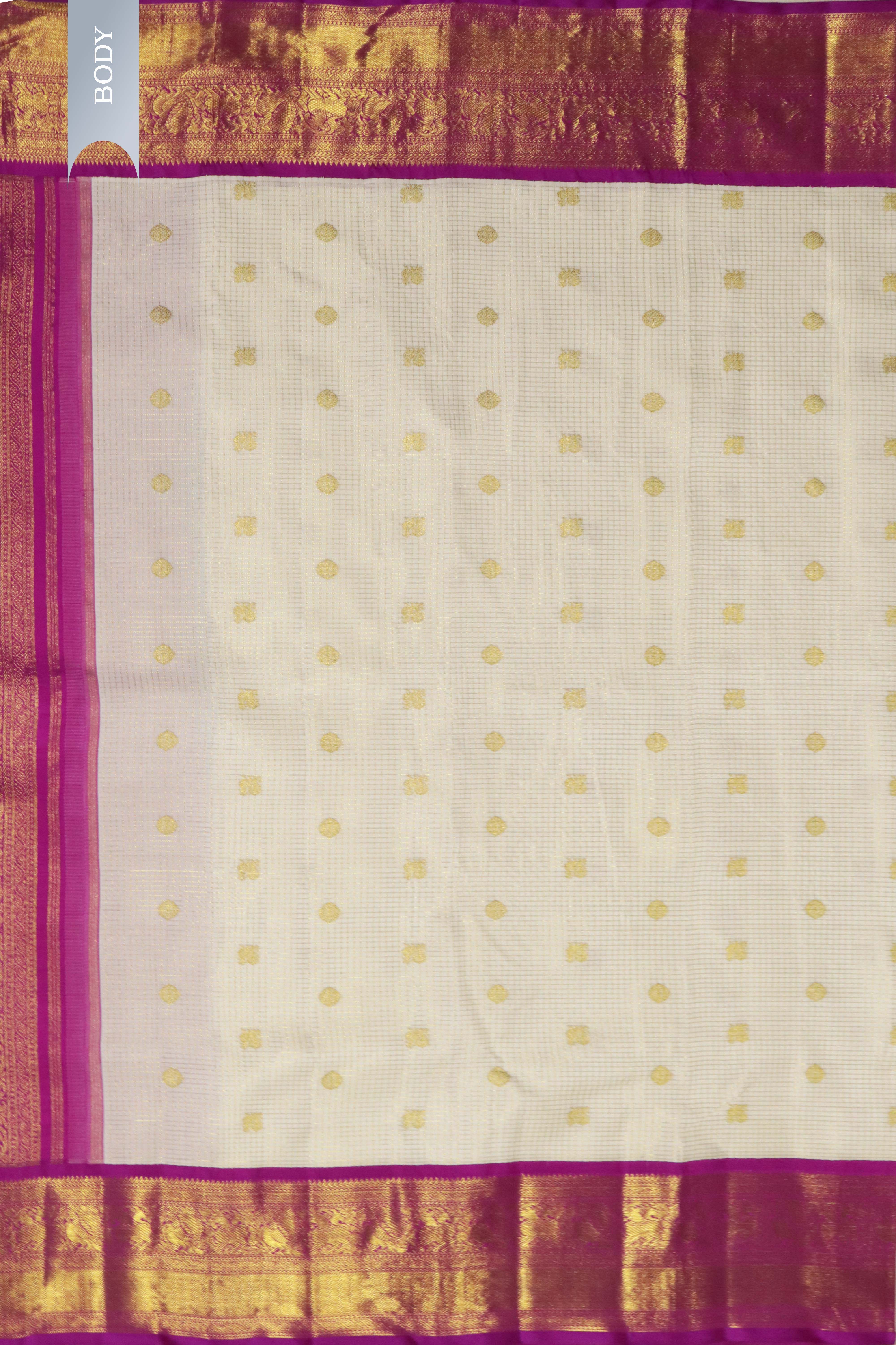 Off White Kanchivaram Silk Saree with Golden Buttis & Contrast Pink Zari Border