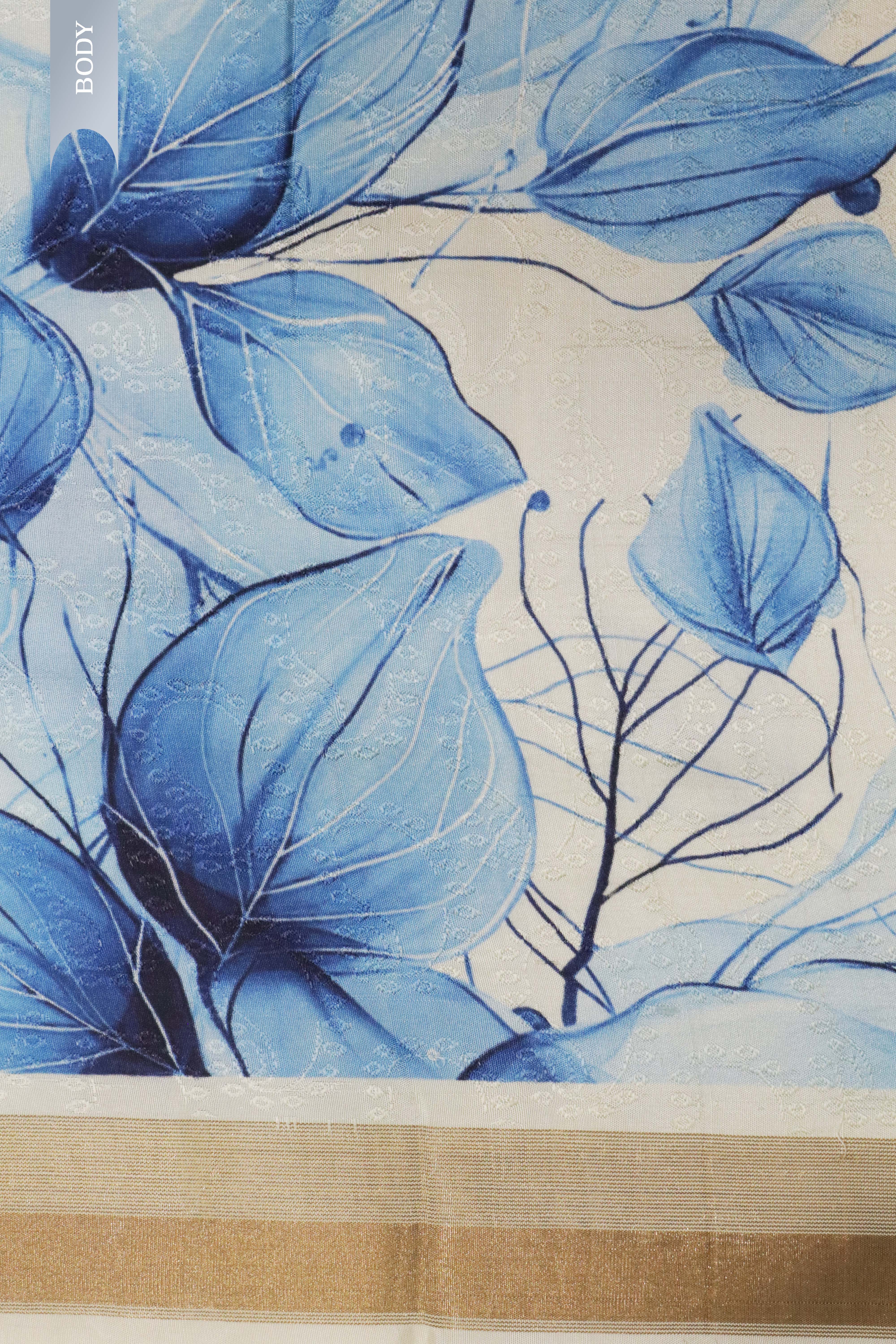 Off White Silk Saree with Blue Leaf Print Border