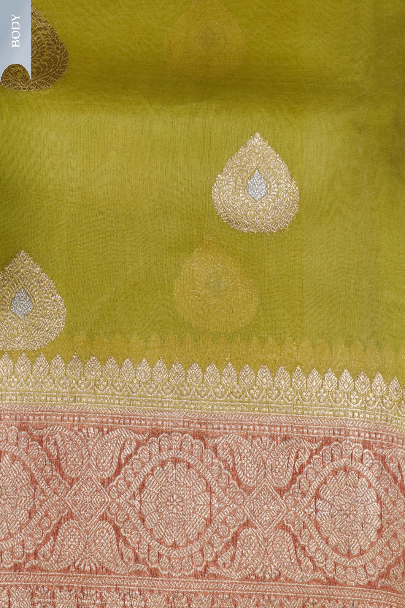 Greenish Yellow Banarasi Kora Saree with Gold-Silver Motifs & Contrast Blouse