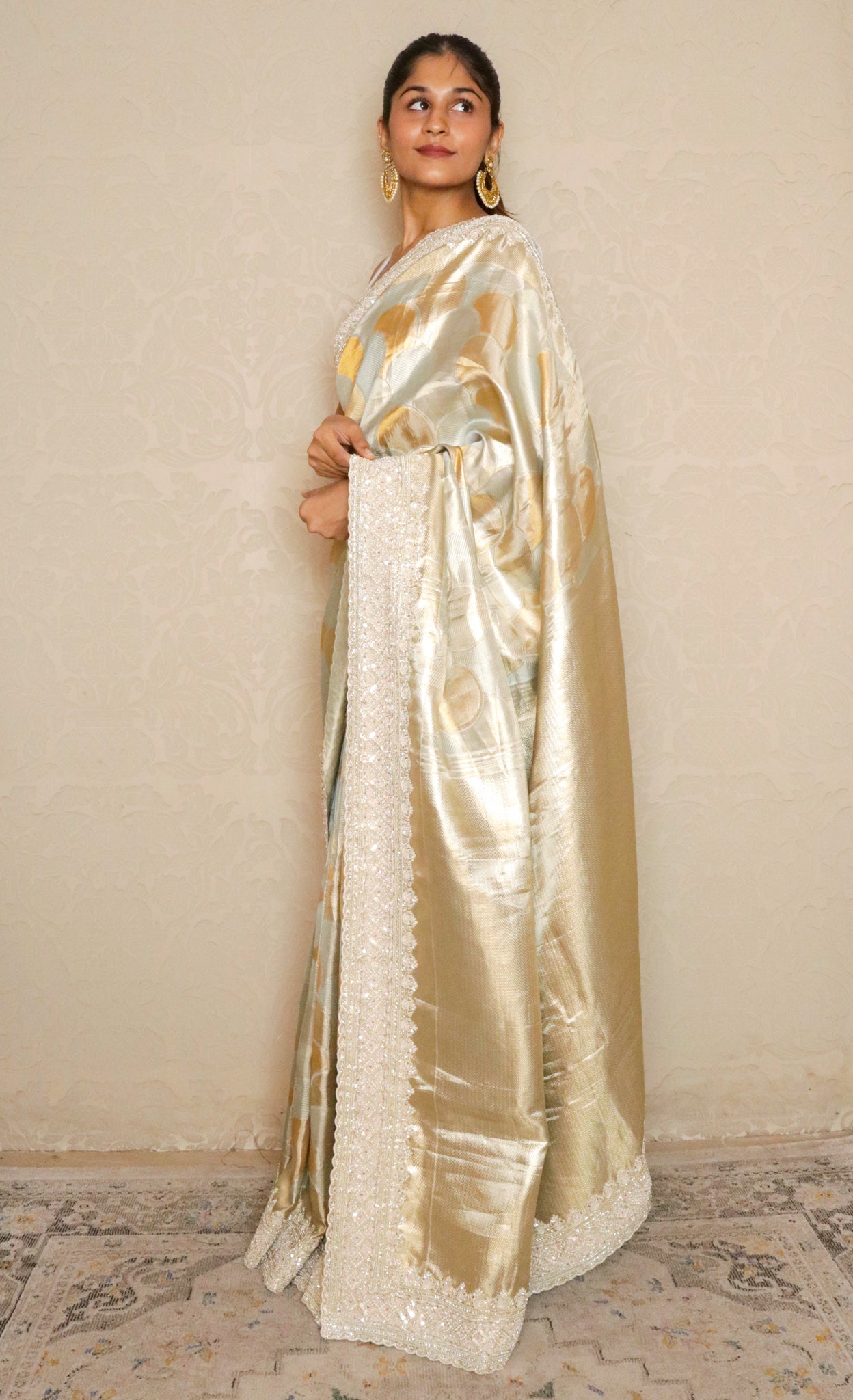 Sea Blue Tissue Silk Saree with Pearl Border
