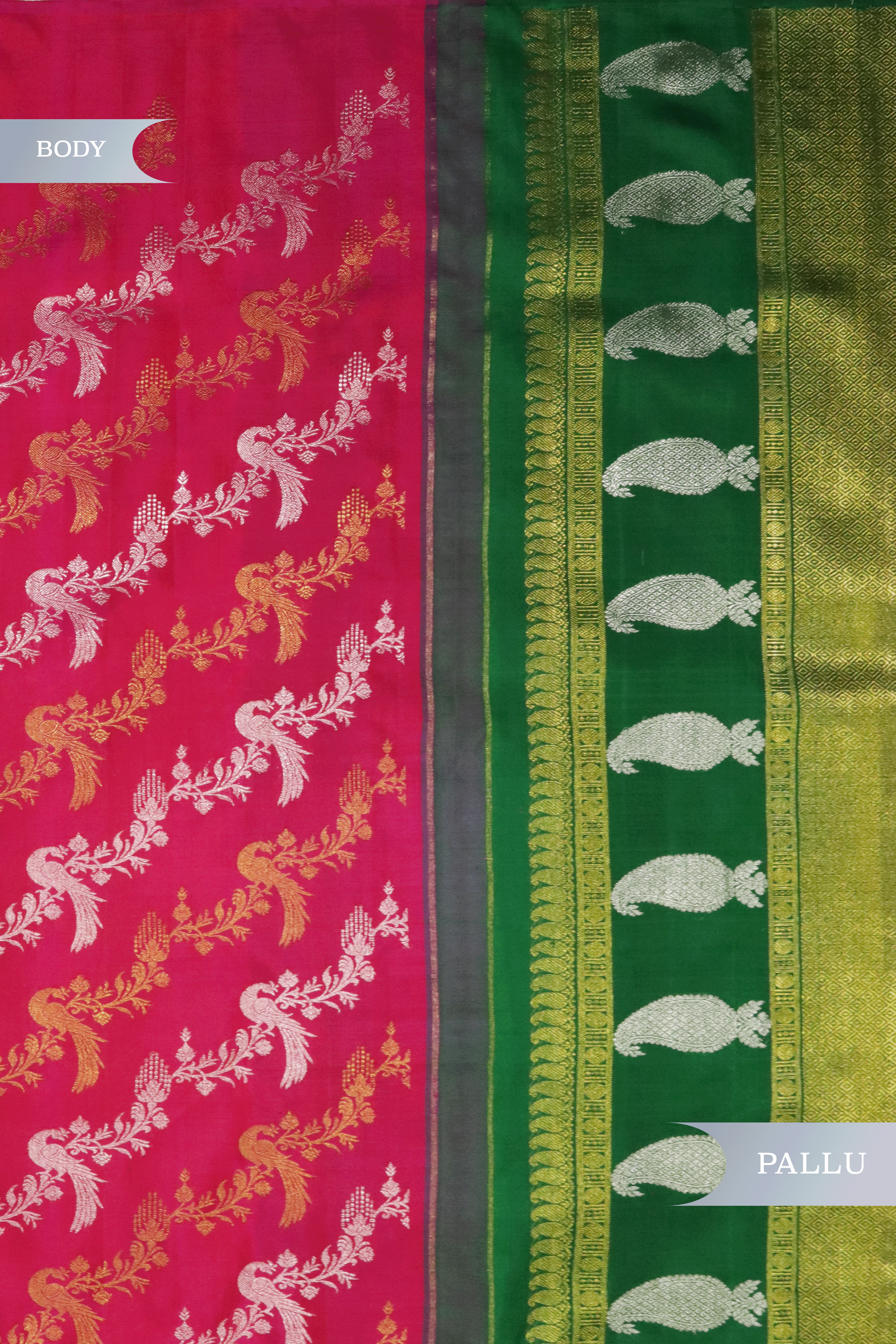 Rani Pink Kanchivaram Silk Saree with Silver & Gold Zari Weaving